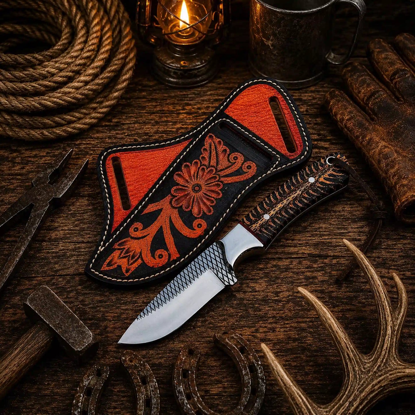 American Cowboy Field Knife – Rasp Steel with Pine Cone Handle
