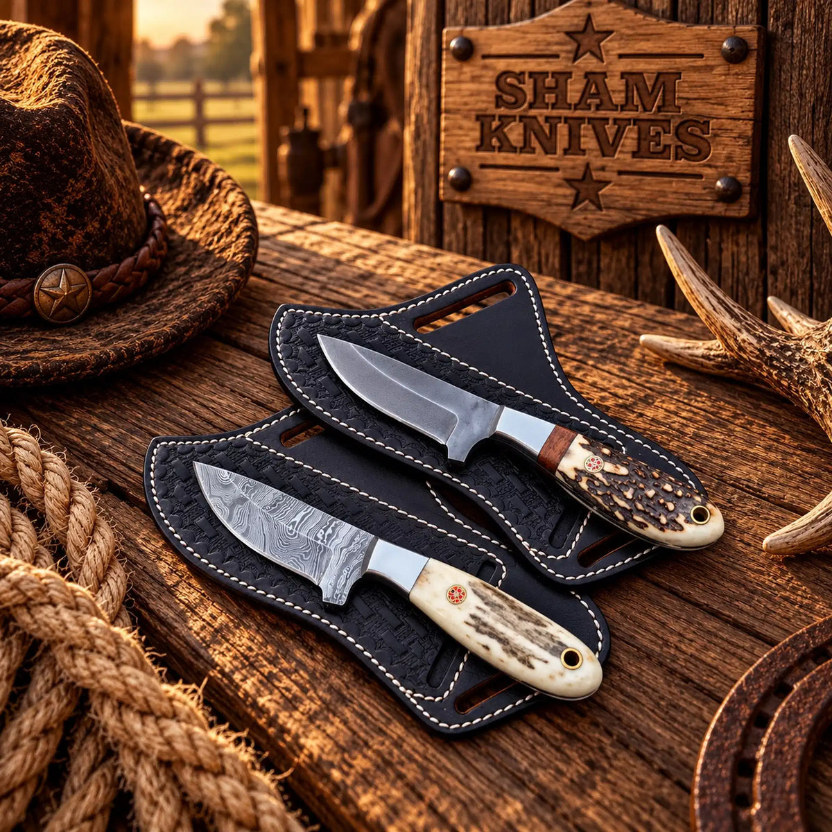 Back Belt Cowboy Field Dressing Knife Pair – D2 & Damascus Steel
