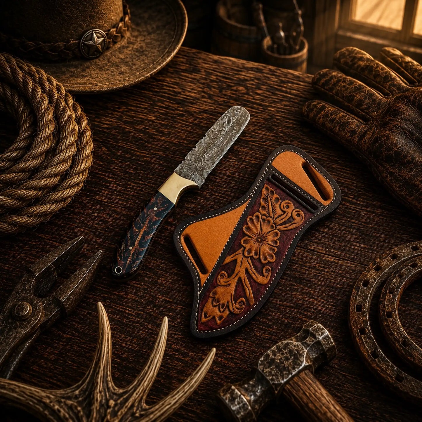 The Blue Mesa Bull Cutter – Damascus Cowboy Skinner Knife