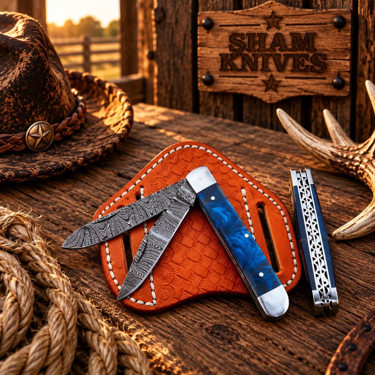 Blue Resin Damascus Double-Blade Trapper Knife with Leather Sheath