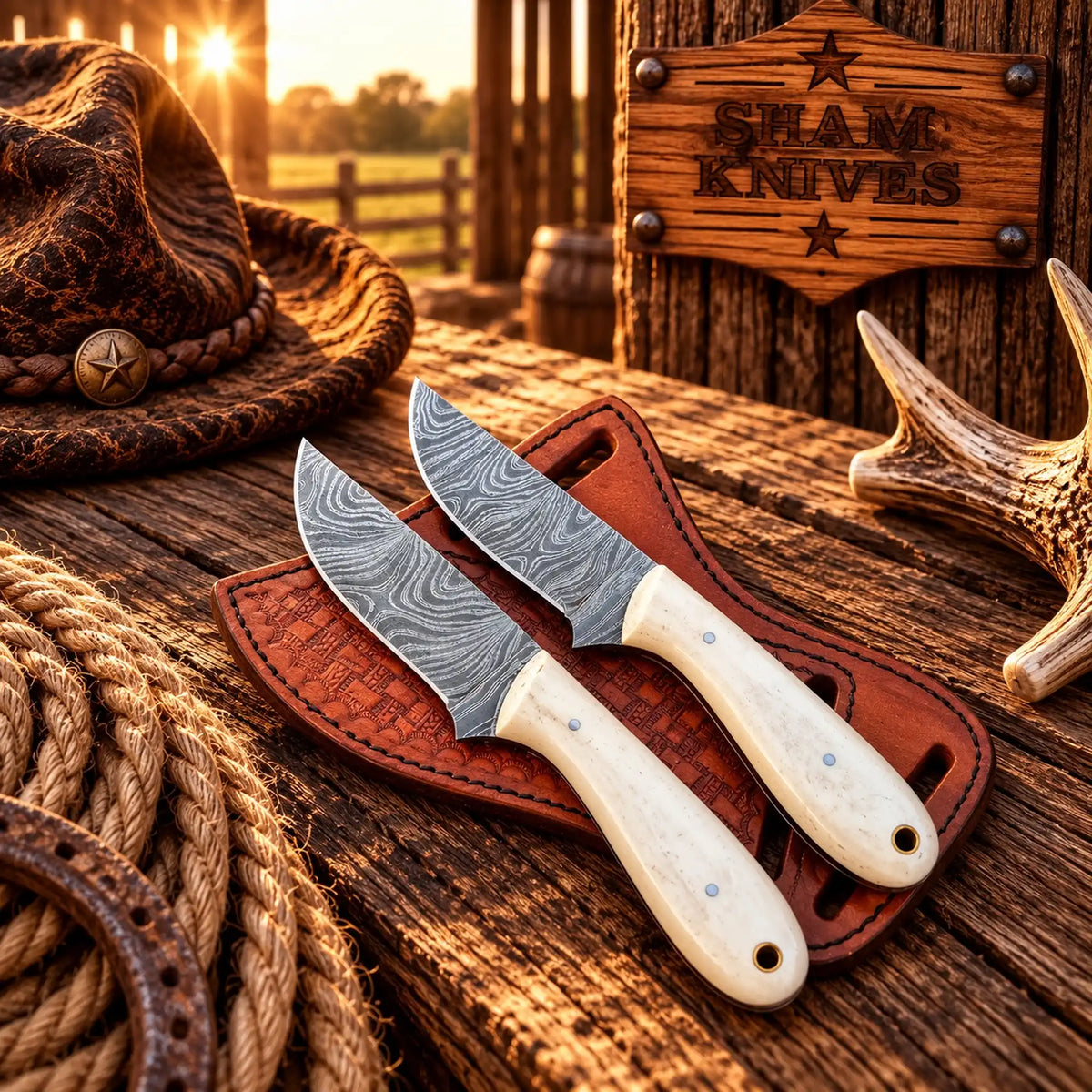 Bone Buckaroo Belt Knife For Everyday Carry With Damascus Steel Blade
