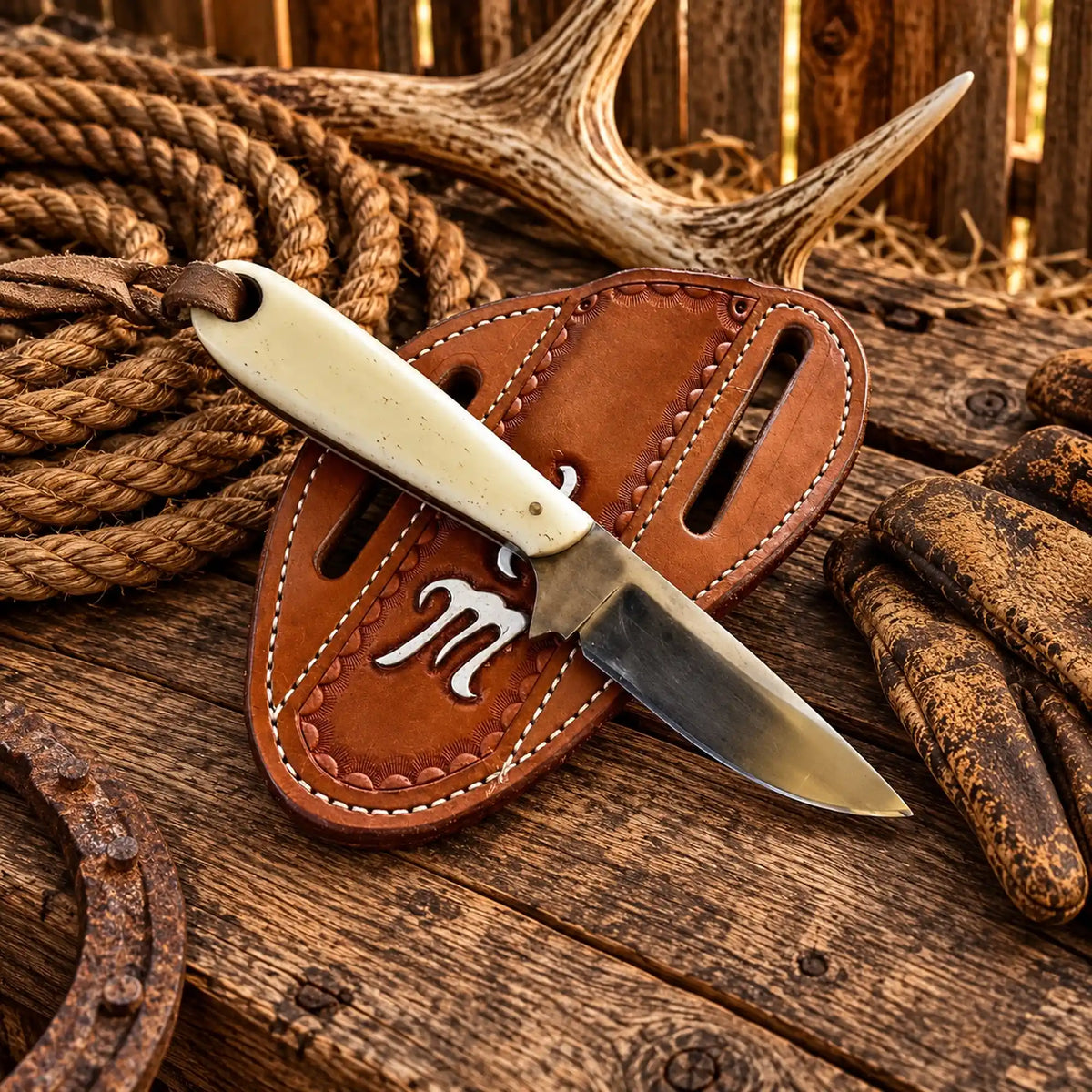 Buckaroo Working Knife for field dressing - 3.5” Damascus Blade Bone Handle