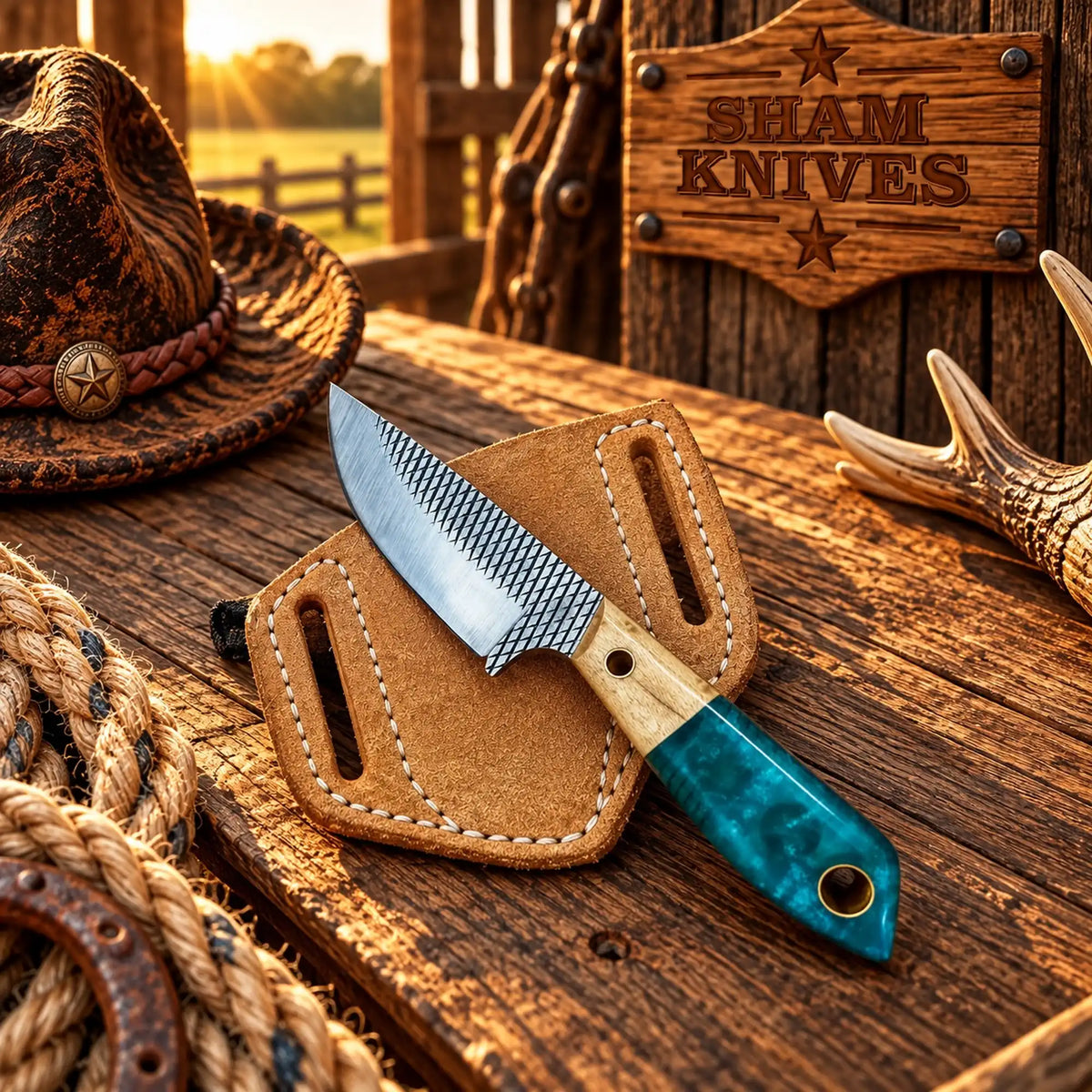 Buckaroo Ranch Knife – Rasp Steel & Blue Resin Handle with Sheath