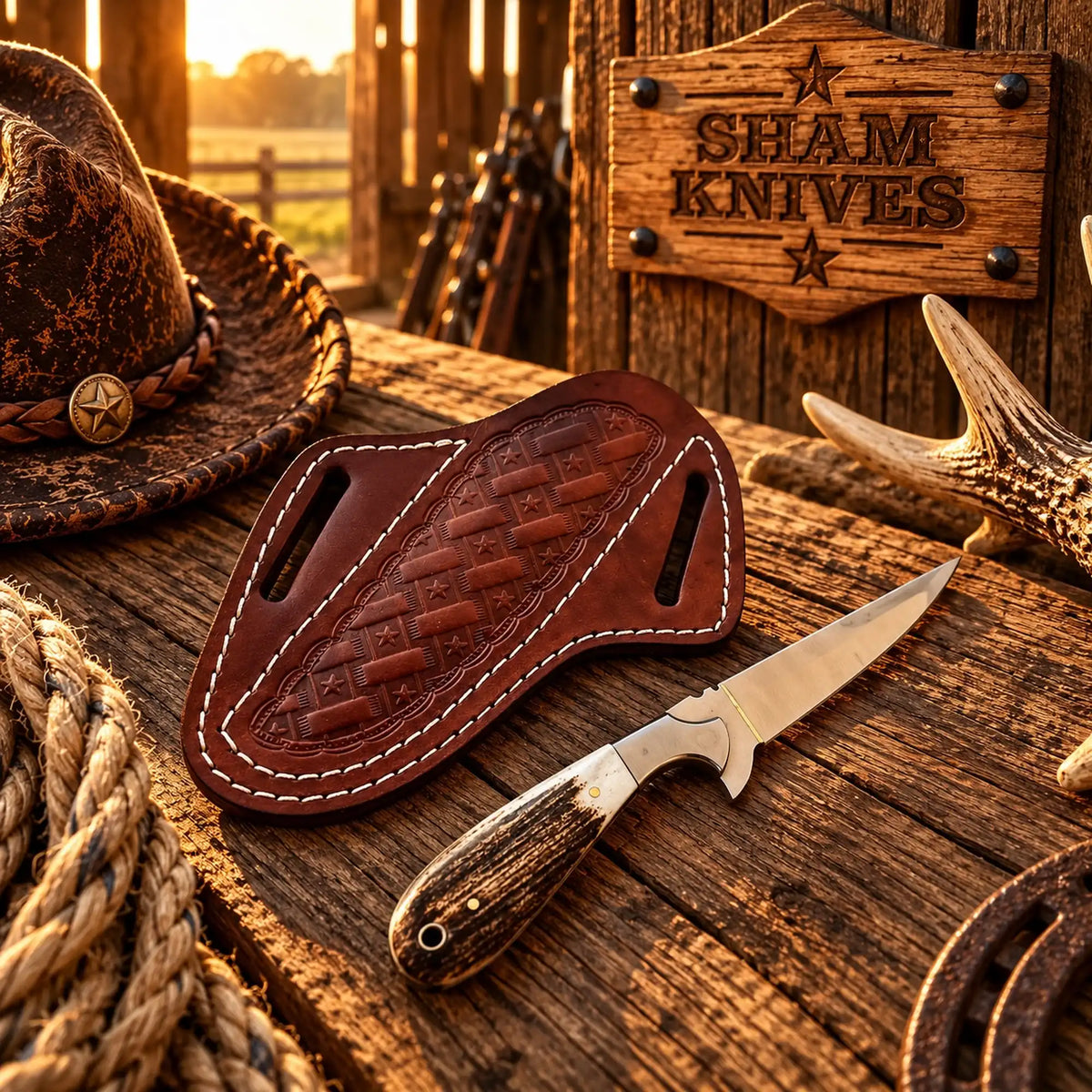 Buckaroo Sheath Knife for Ranch Rodeo – D2 Steel with Stag Horn Handle