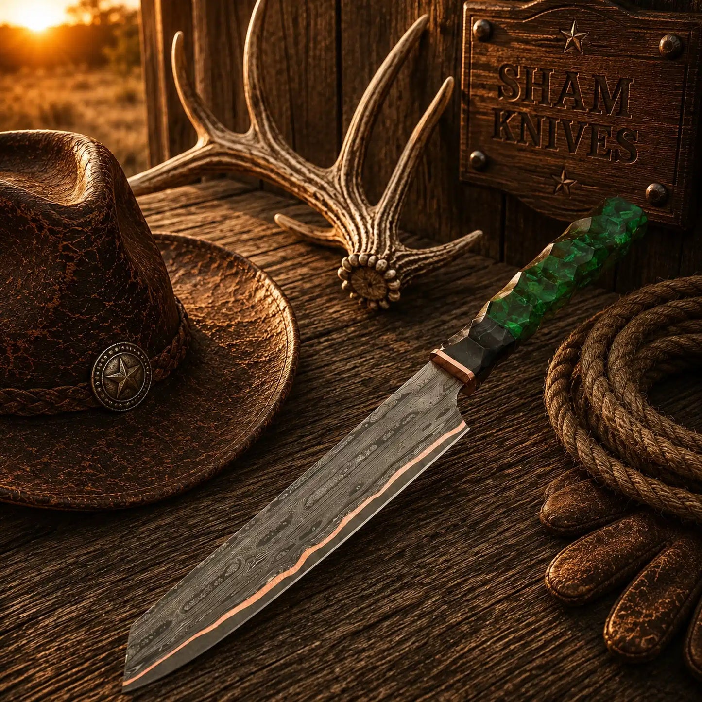 Hand-Forged Copper Damascus Chef Knife – Green Sculpted Handle