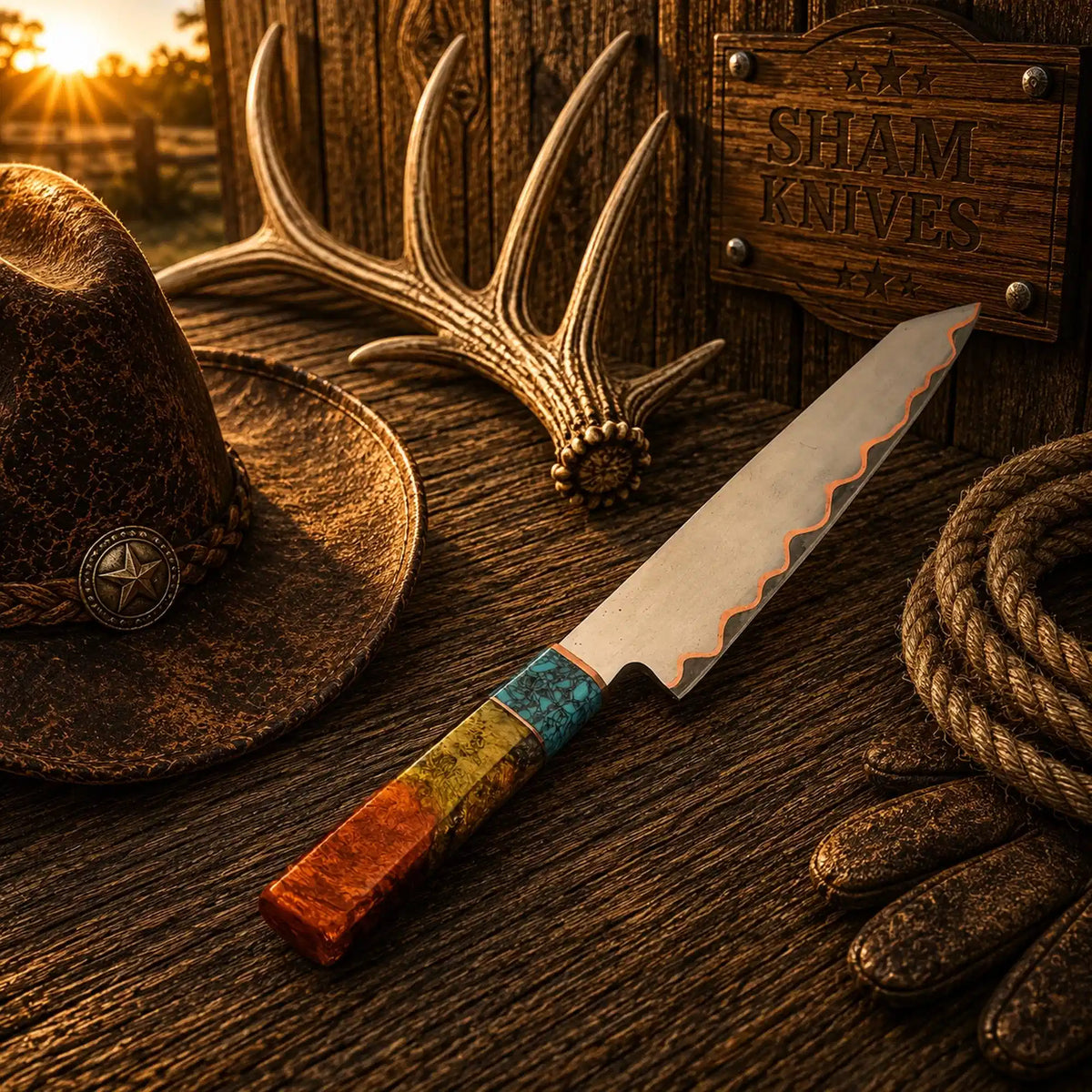 San Mai Copper Damascus Chef Knife – Turquoise Resin Handle