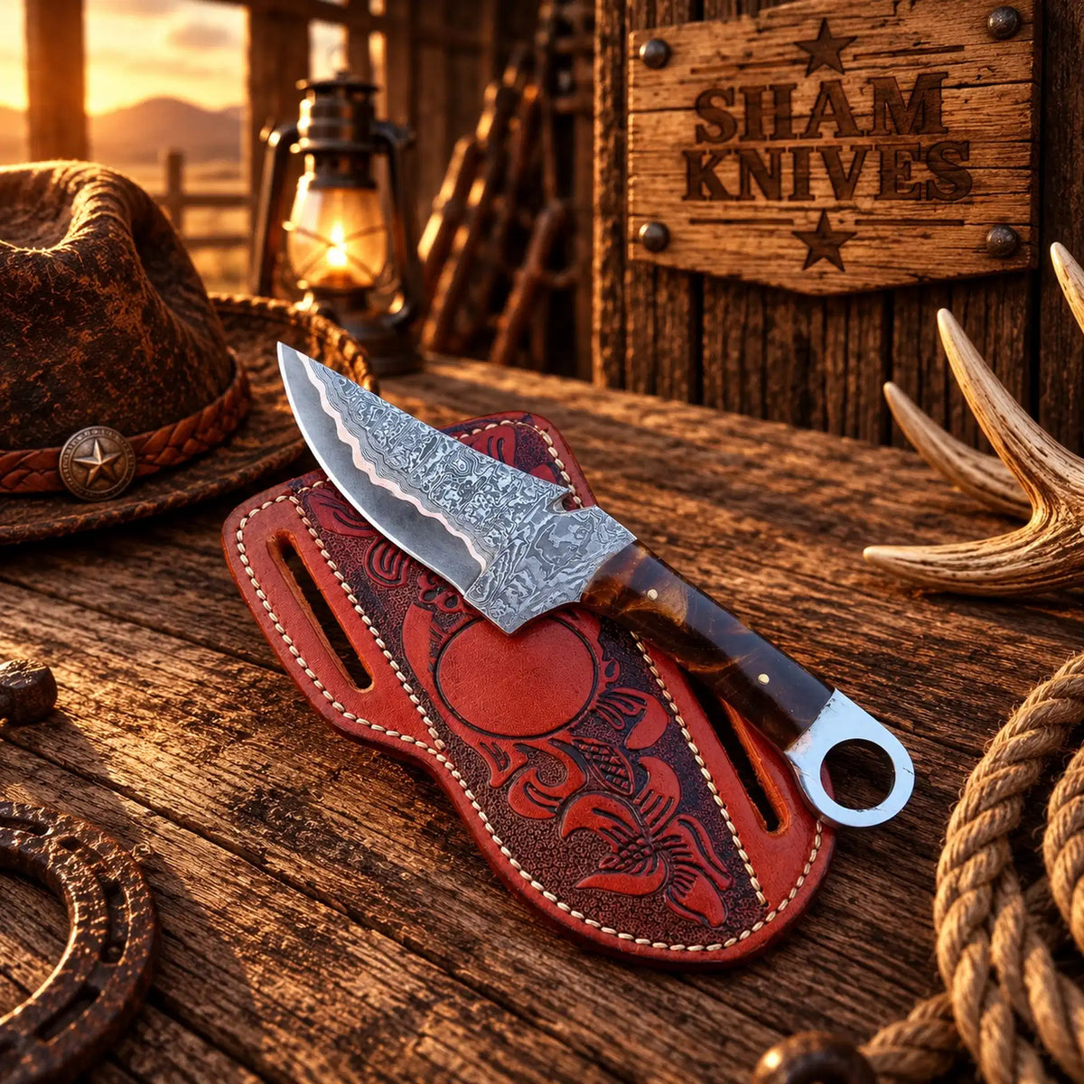 Ring-Tail Copper Damascus Skinning Knife – Resin Handle & Sheath