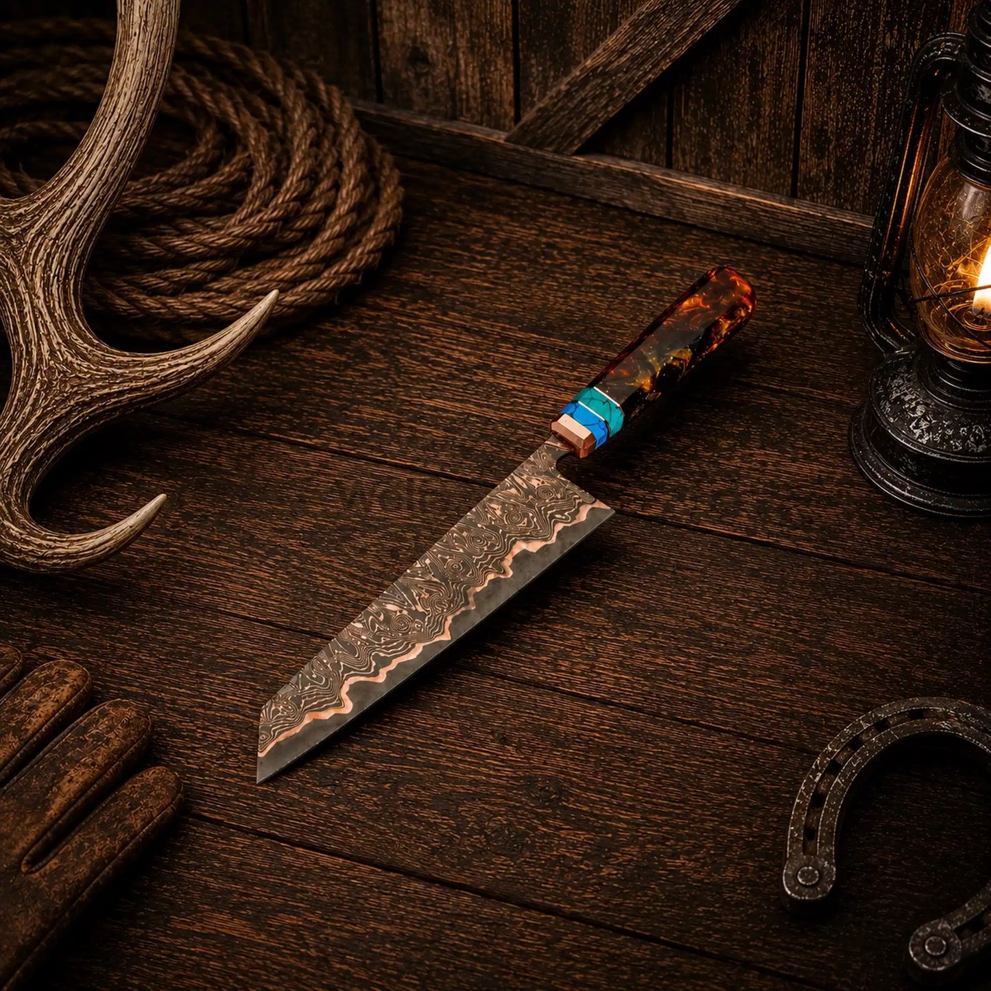 Copper Damascus Gyuto Chef Knife – Turquoise Resin Handle