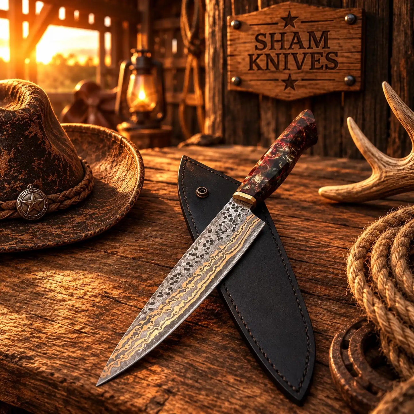 13” Hand Forged Copper Damascus Gyuto Chef Knife Resin Handle & Copper Bolster