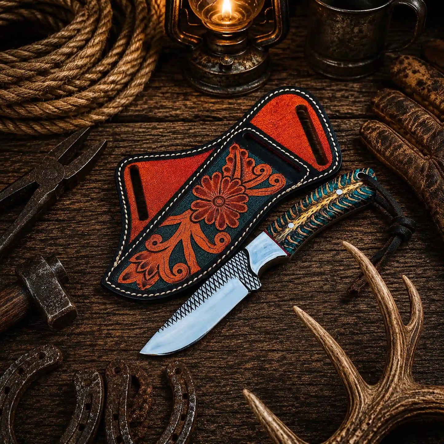 Country Rasp Cowboy Knife – Green Pine Cone Handle with Tooled Front Belt Sheath