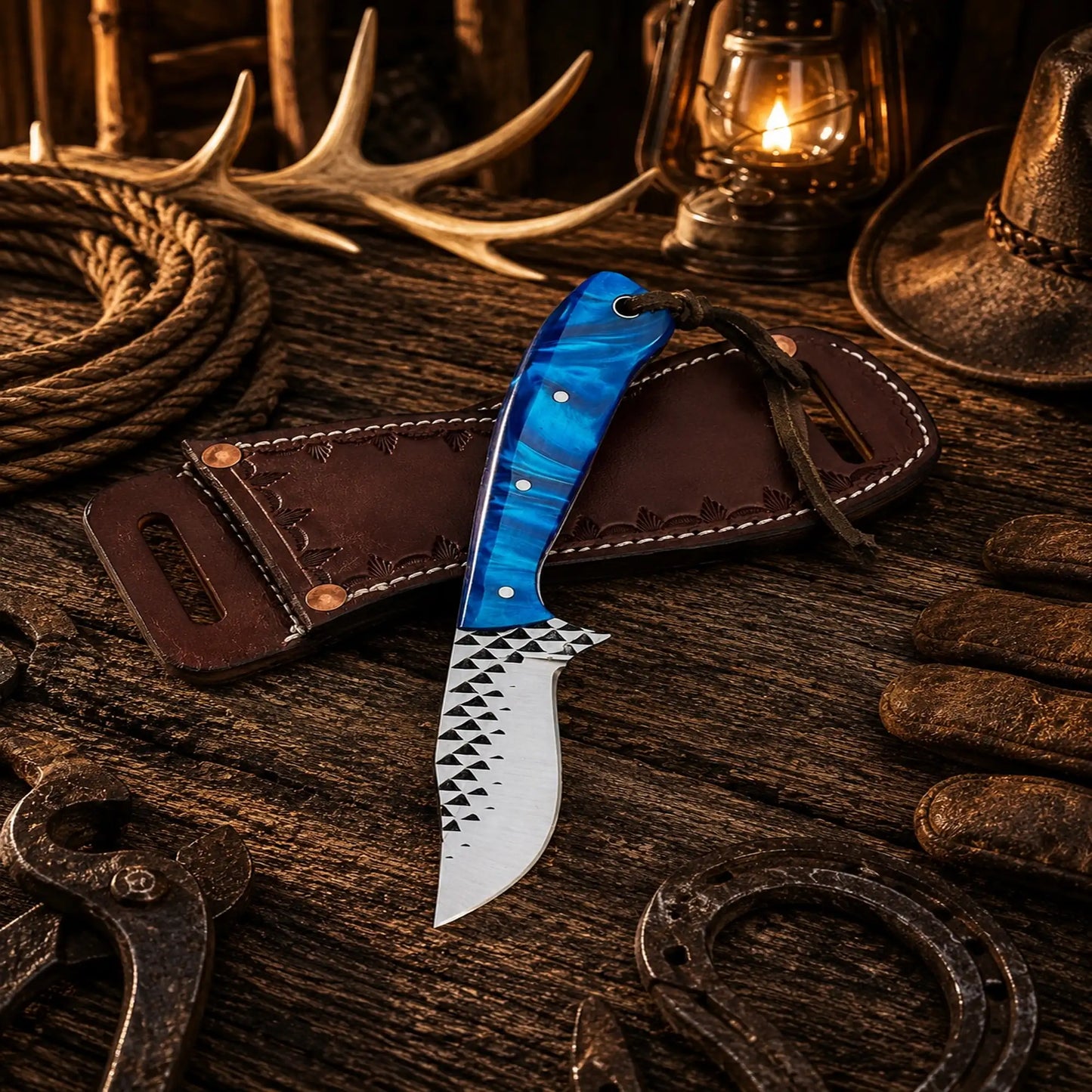 Country Rasp File Hunting Knife – 4" Rasp Steel Blade with Blue Epoxy Resin Handle