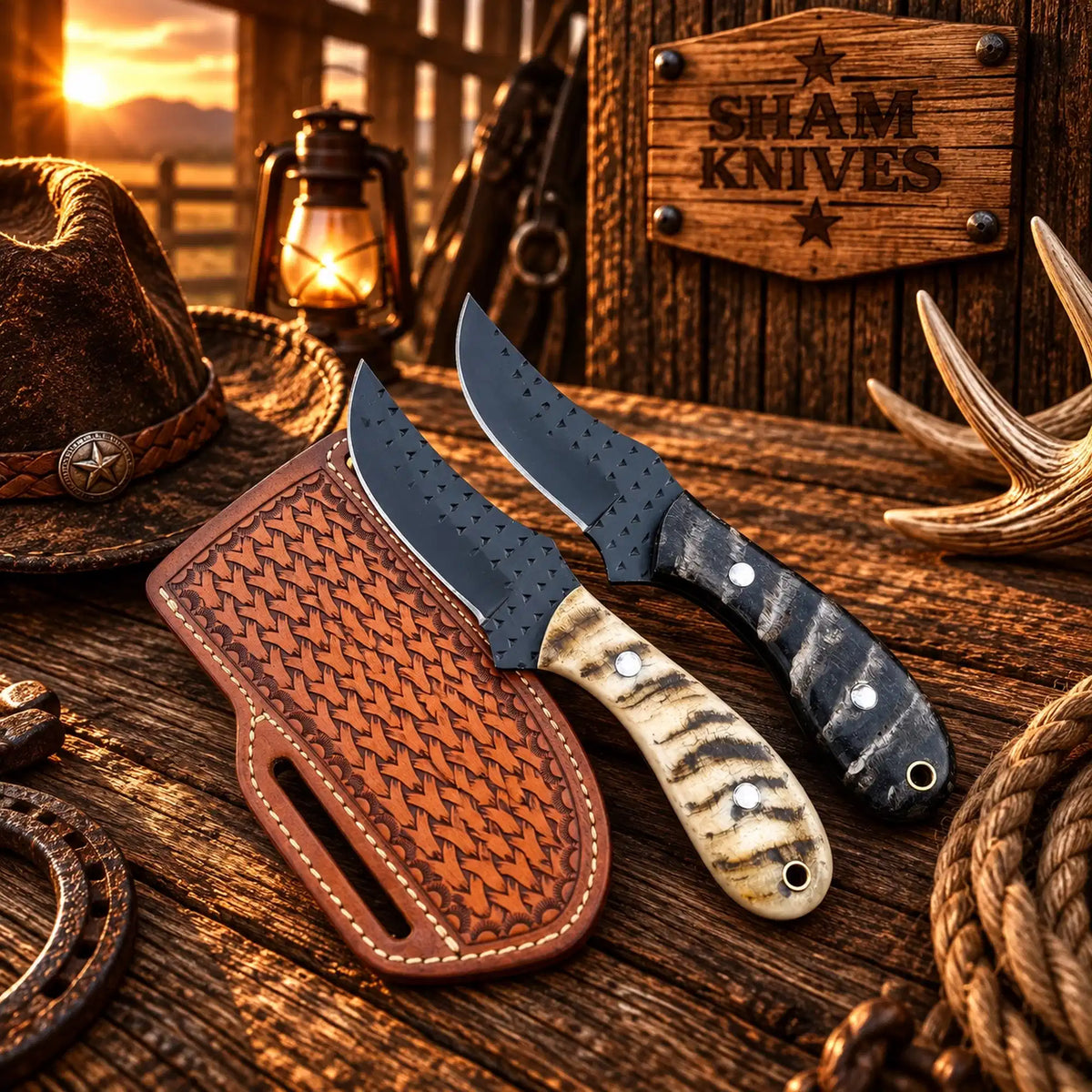 Cowboy Belt Skinner Knife Set – Powder-Coated Rasp Steel & Horn