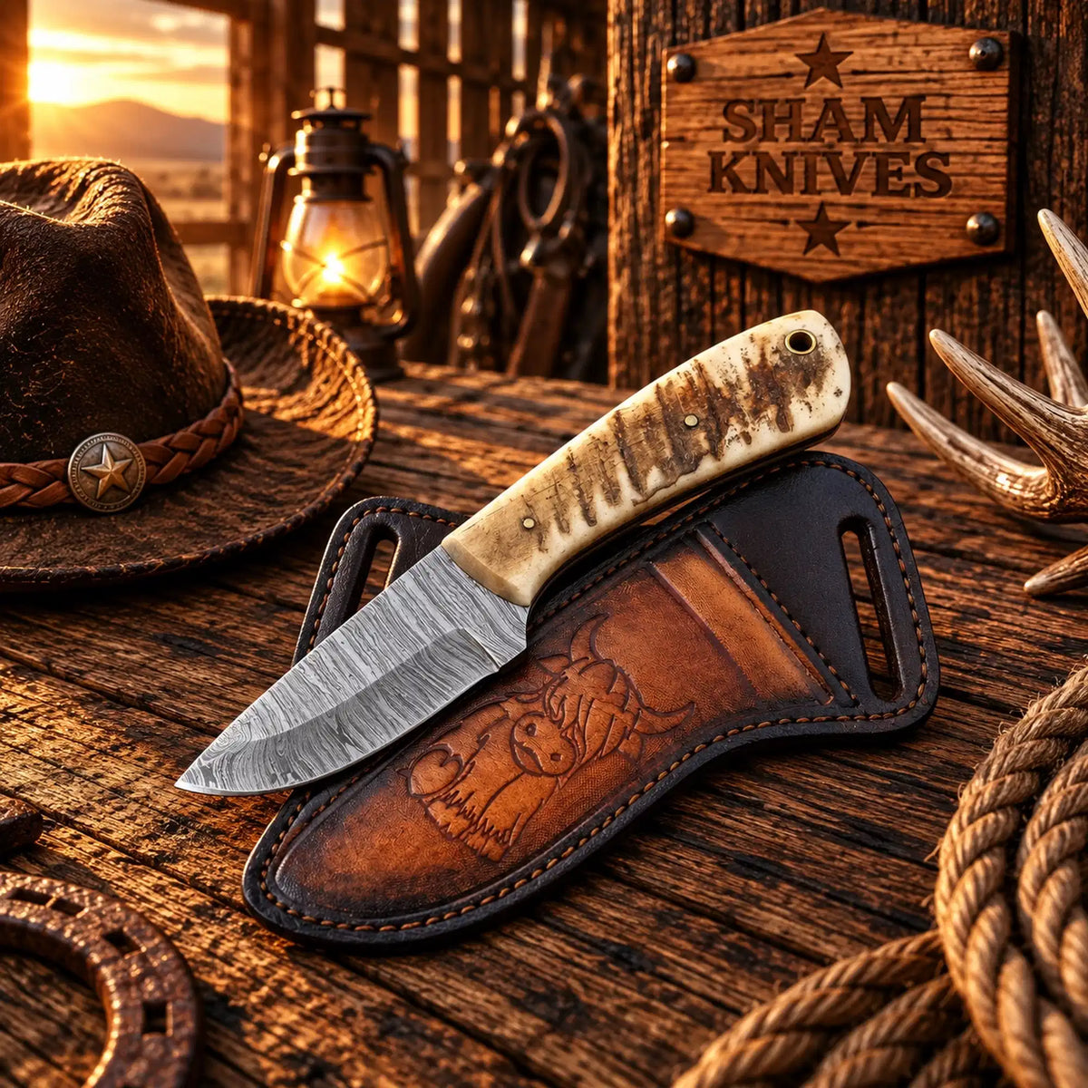 Cross-Draw Damascus Skinner Knife – Sheep Horn Handle & Sheath