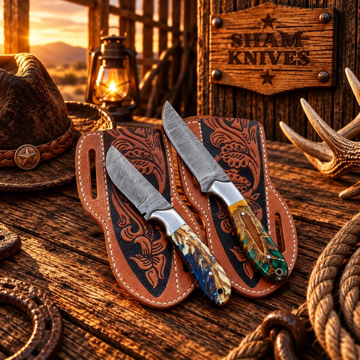 Custom Damascus Cowboy Skinner Knife Set – Pinecone Handles & Sheaths
