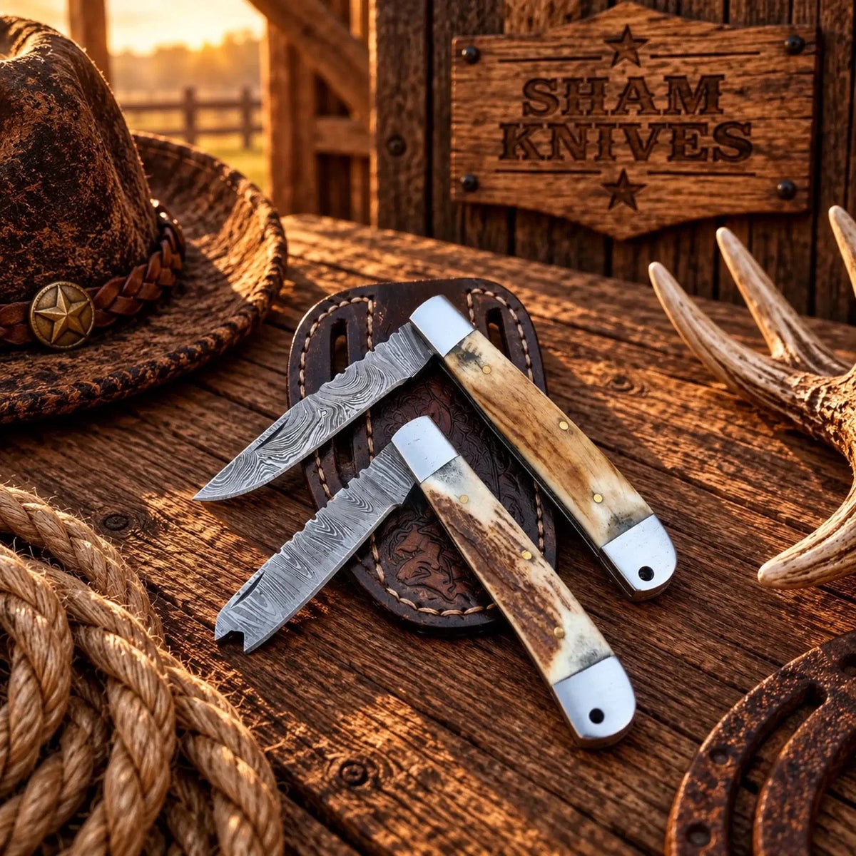 Custom Damascus Trapper Knife Set – Stag Horn & Leather Sheath