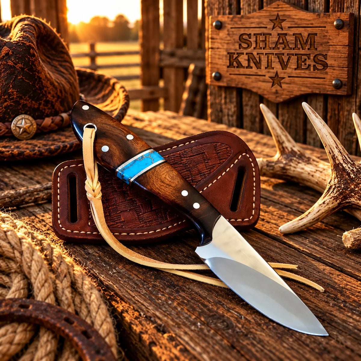 3.5” D2 Cowboy Ranch Hunting Knife - Rosewood Handle with Cross Draw Leather Sheath