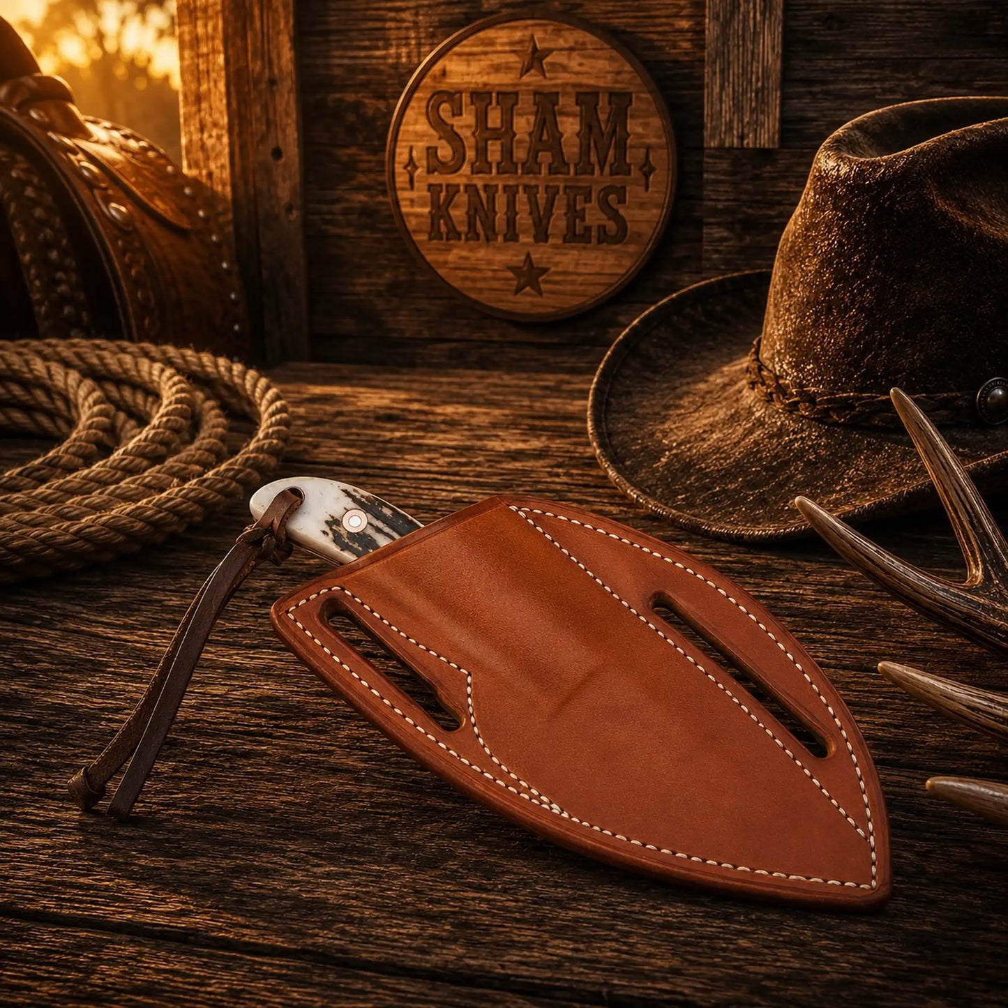 Buckaroo Ranch Knife – 4″ D2 Full Tang Blade, Antler & Belt Sheath