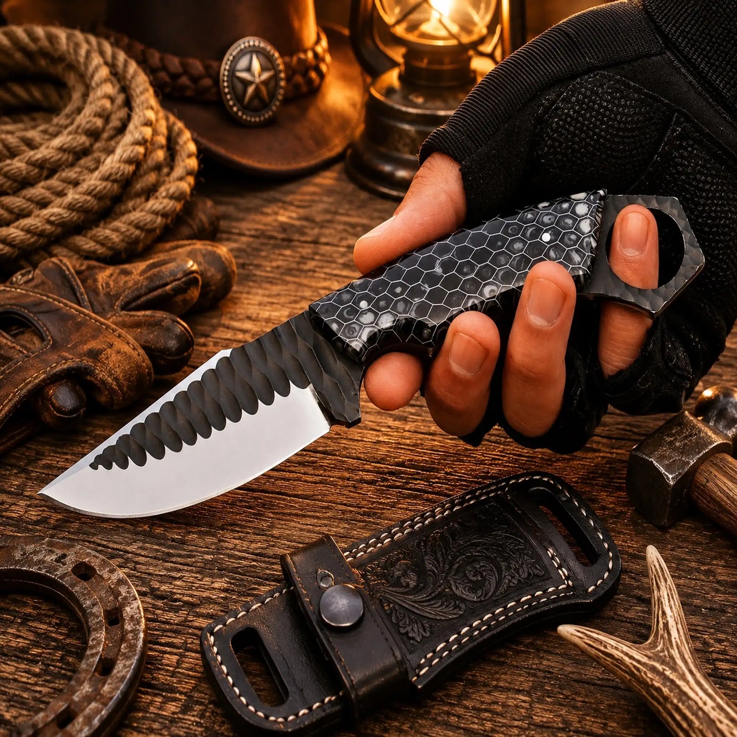 Honeycomb Ranch Hunting Knife – D2 Powder Coated Blade with Horizontal Leather Sheath