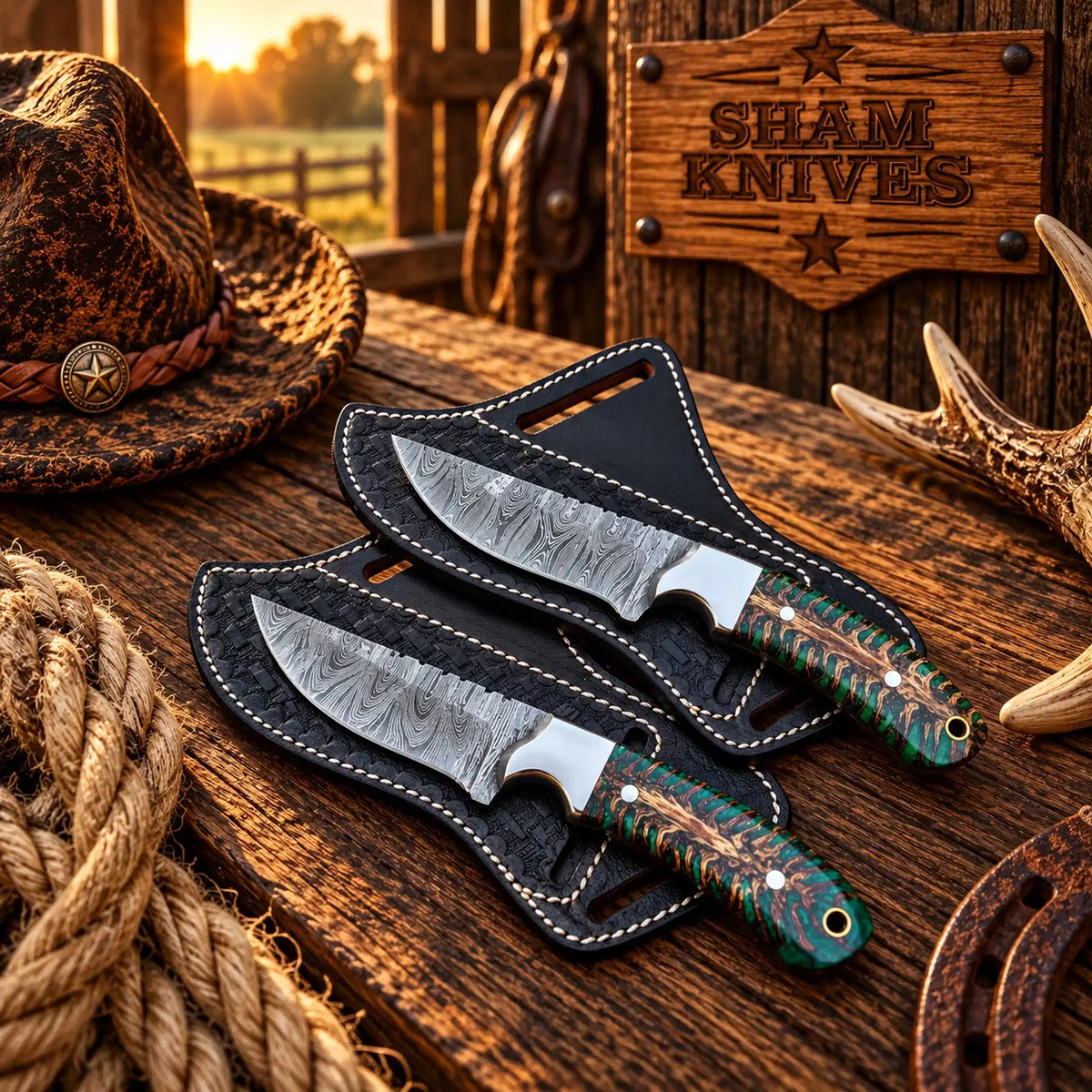 Damascus Cowboy Buckaroo Knife Set – 4” Blades & Green Pine Cone