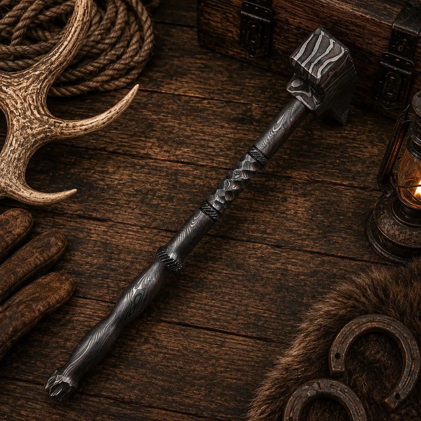 Stormforge Damascus Steel Hammer – Hand-Forged Twist Pattern Handle