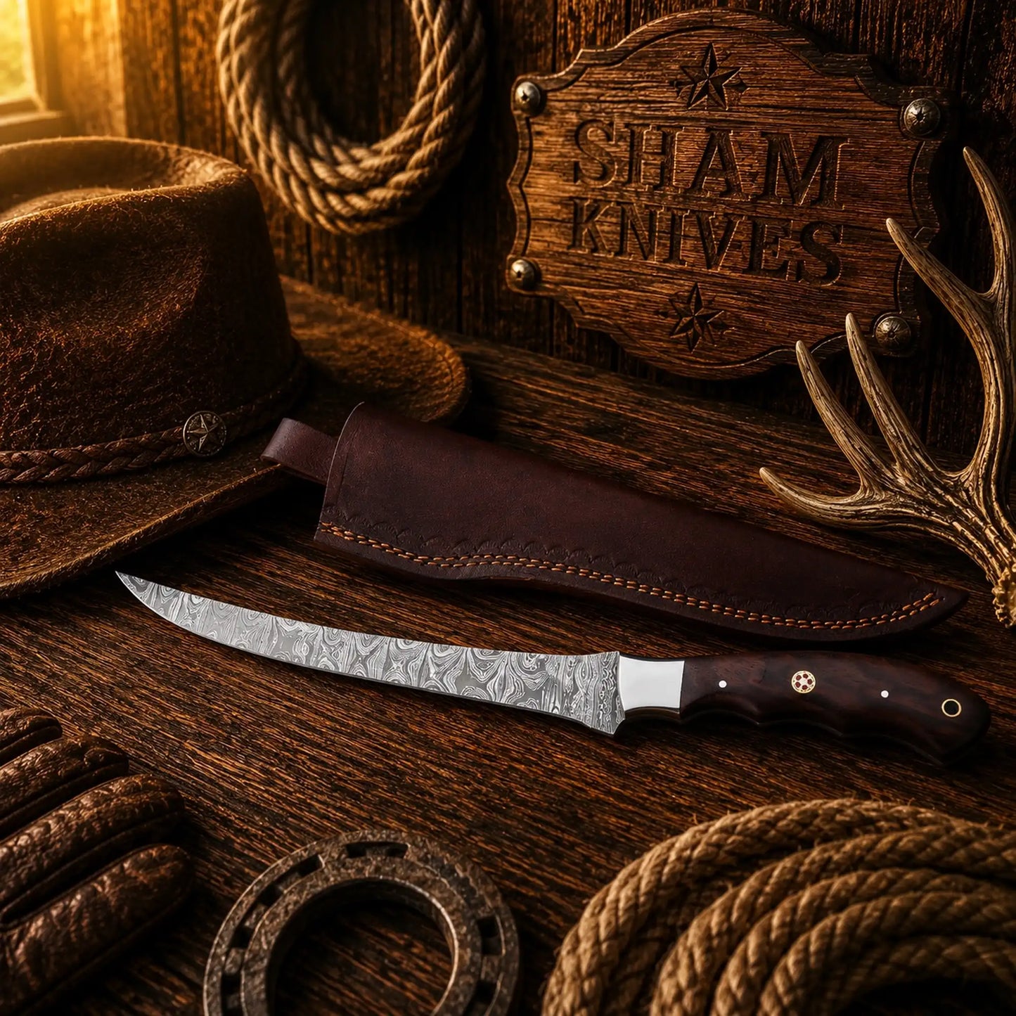 Old Angler Damascus Steel Fillet Knife – Rosewood Handle & Sheath