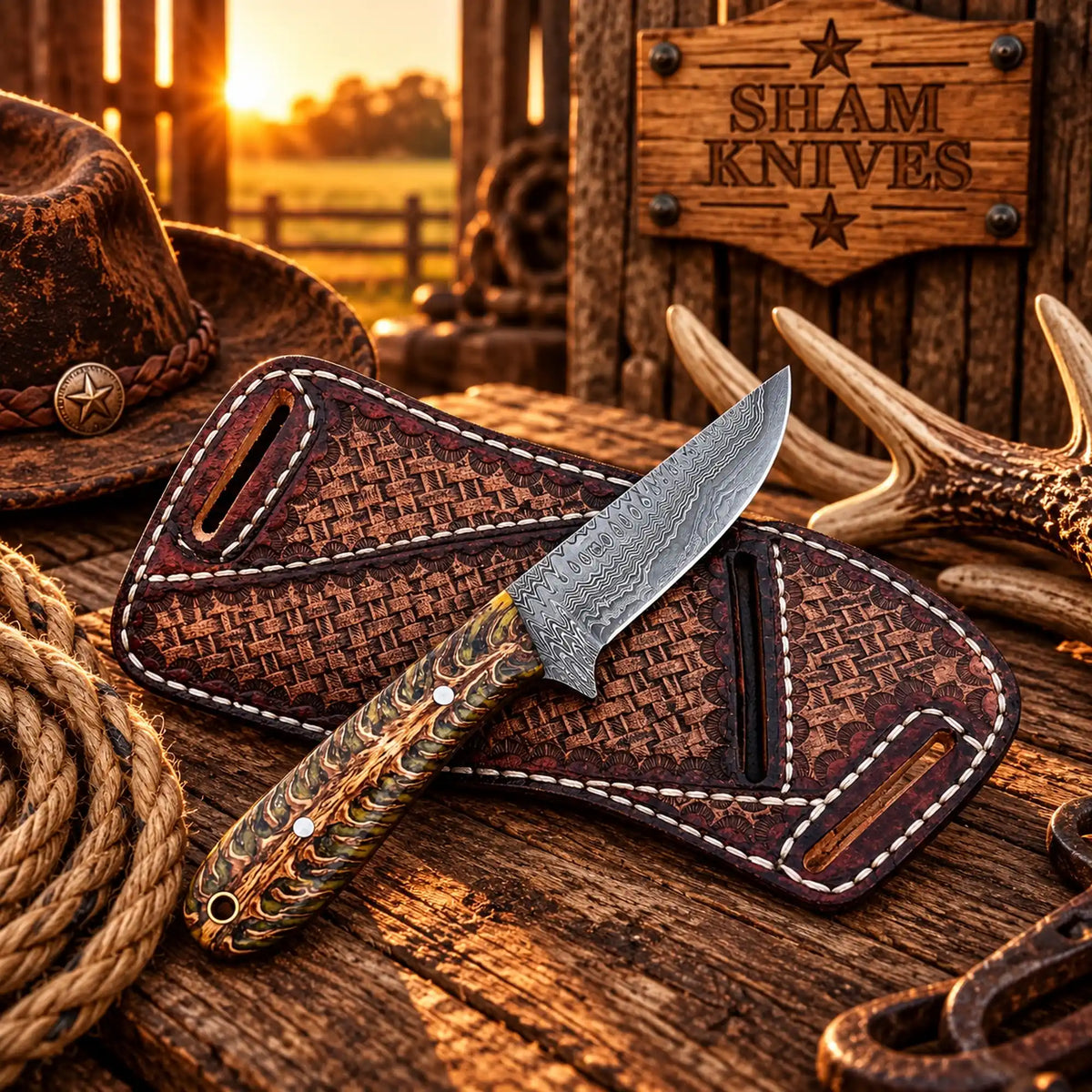 3.5” Damascus Ranch Cowboy Knife – Pinecone Handle & Leather Sheath