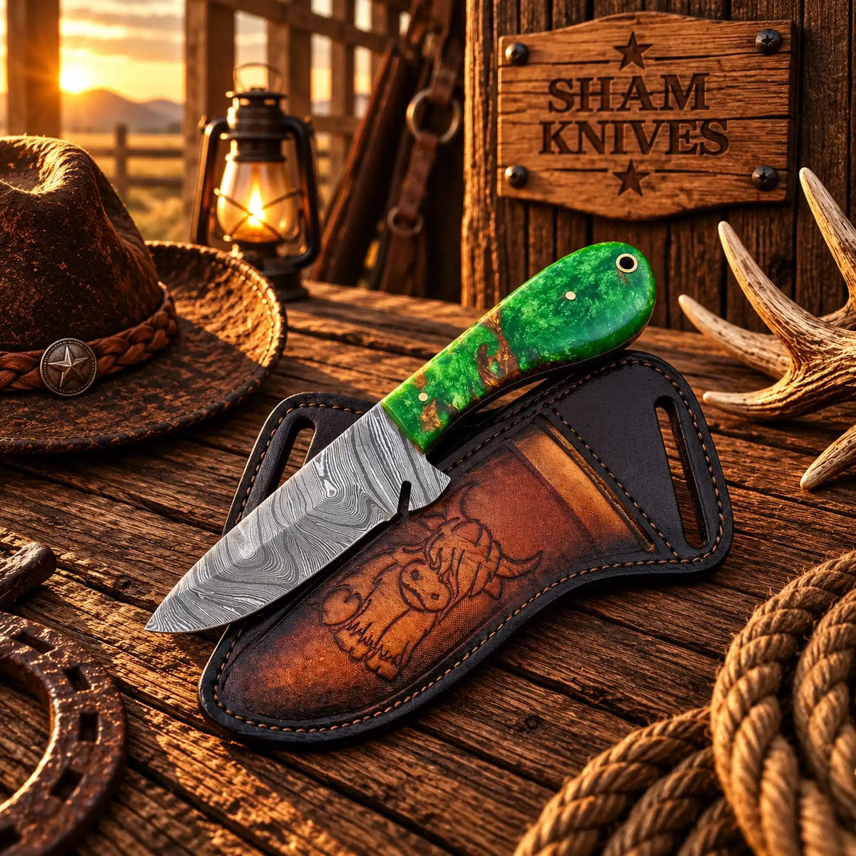 Handmade Damascus Rancher Field Dressing Knife – Resin Handle & Sheath