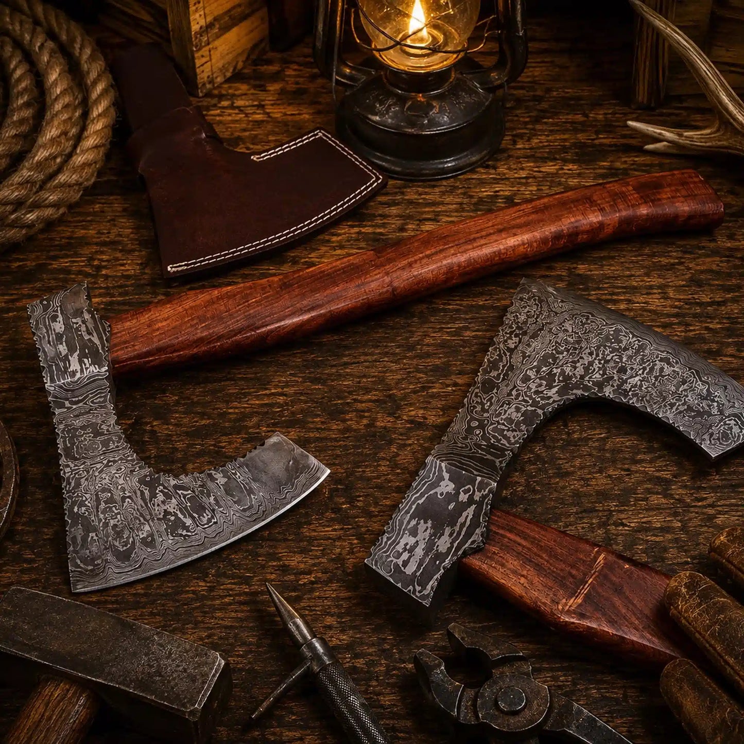 Wild Frontier Damascus Viking Axe – Rosewood Handle & Leather Sheath