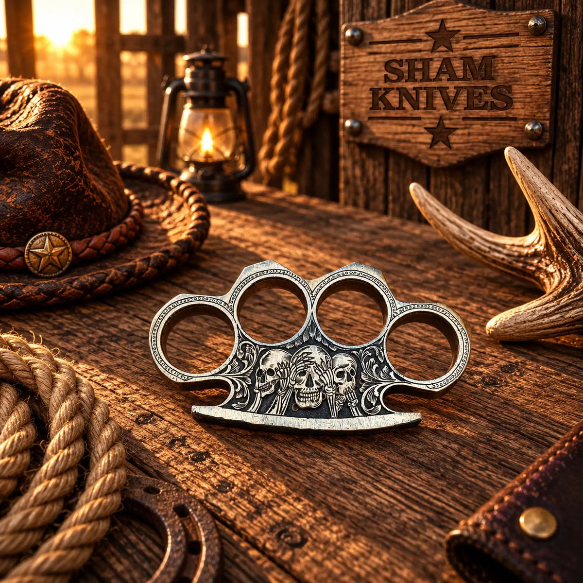 Engraved Skull Brass Knuckle – Gothic Collector’s Piece with Leather Sheath