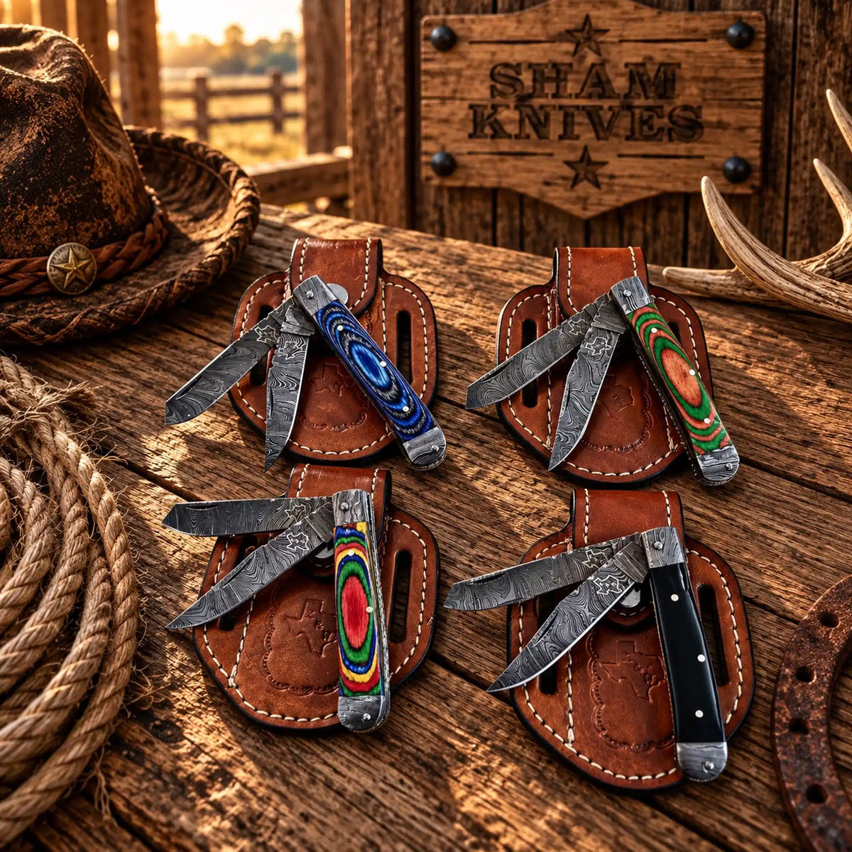 Exotic Wood Damascus Double-Blade Trapper Knife Set with Sheaths