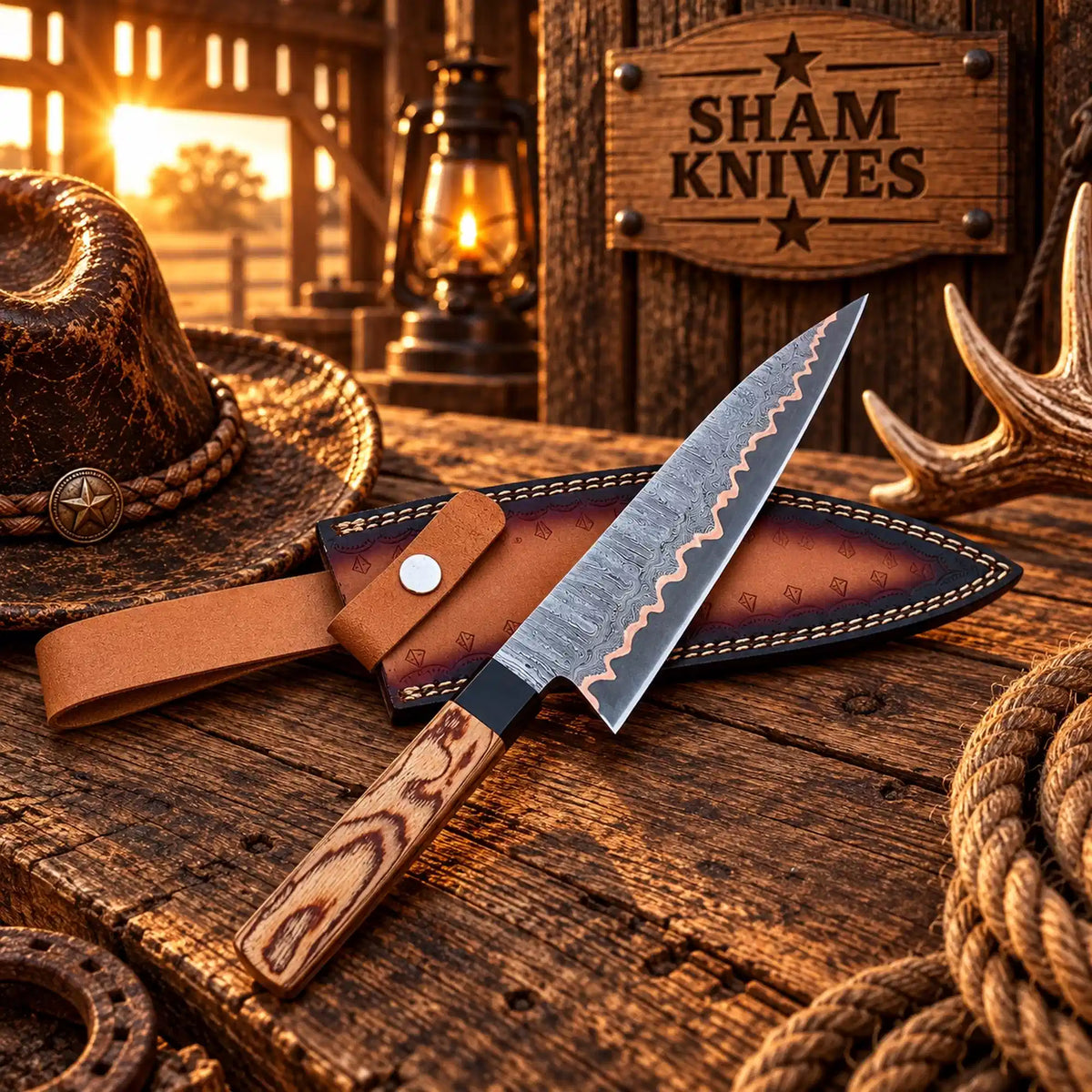 13″ Exotic Wood Handle Copper Damascus Kitchen Chef Knife