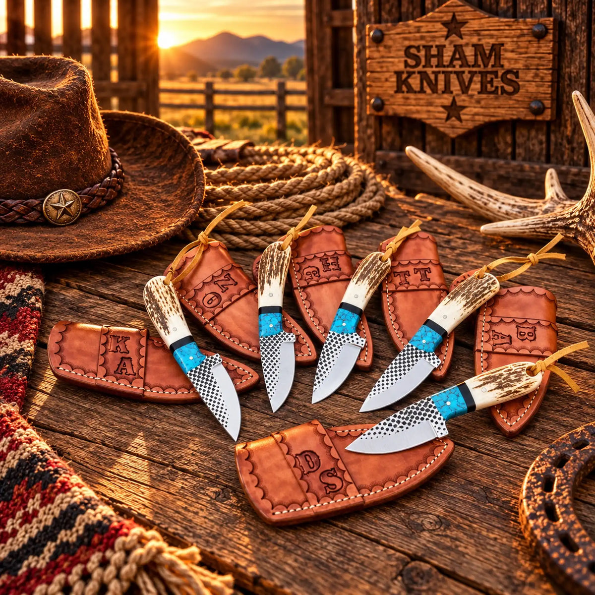 Handcrafted Farrier Rasp Knife set of 5 pieces Antler horn & Turquoise handle with tooled leather sheath