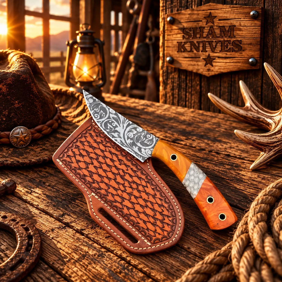 Floral-Etched D2 Cowboy Skinner Knife – Honeycomb Resin Handle