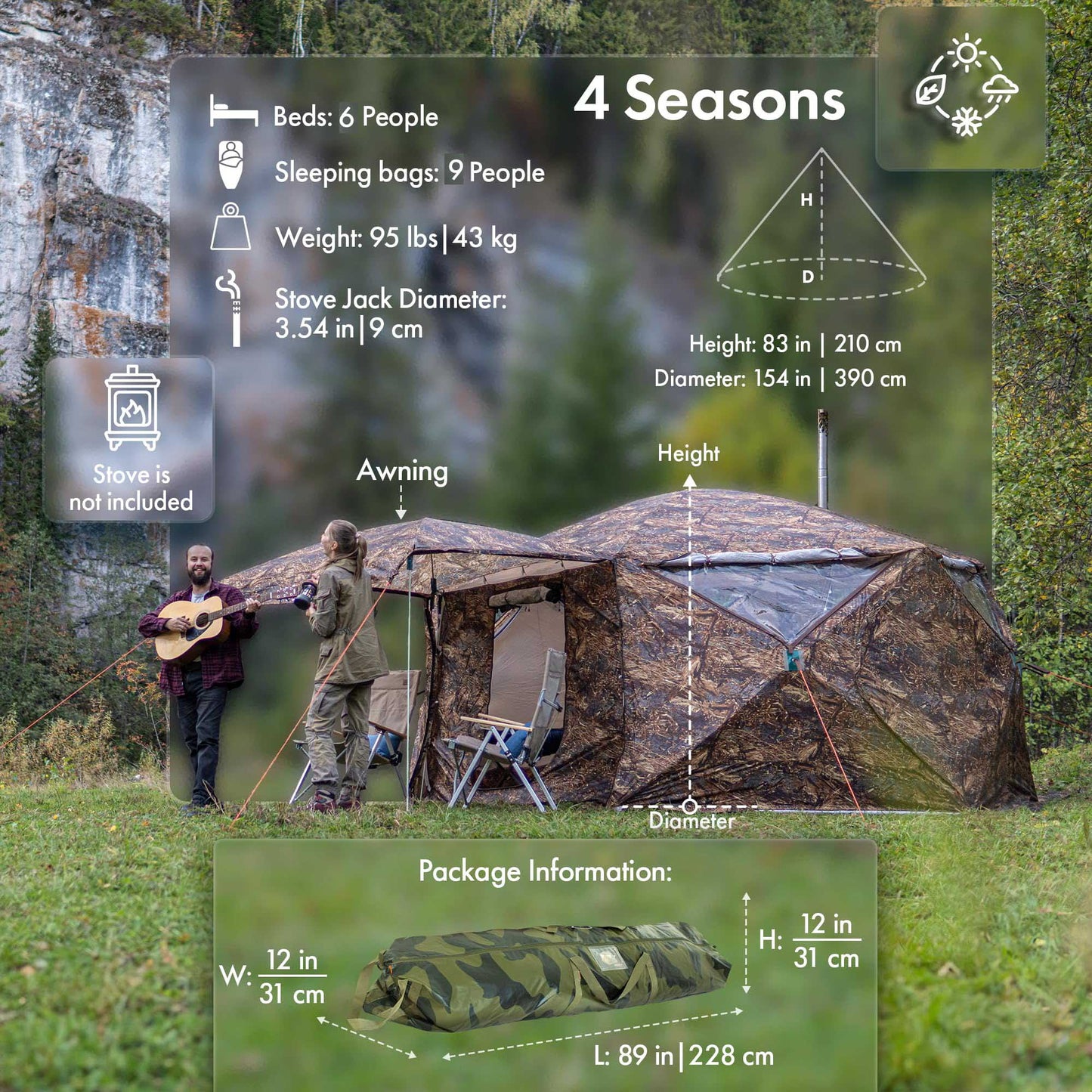 RBM All-Seasons tent Hexagon for 2-9 person + Wood Stove Caminus M + Three-Layer Floor