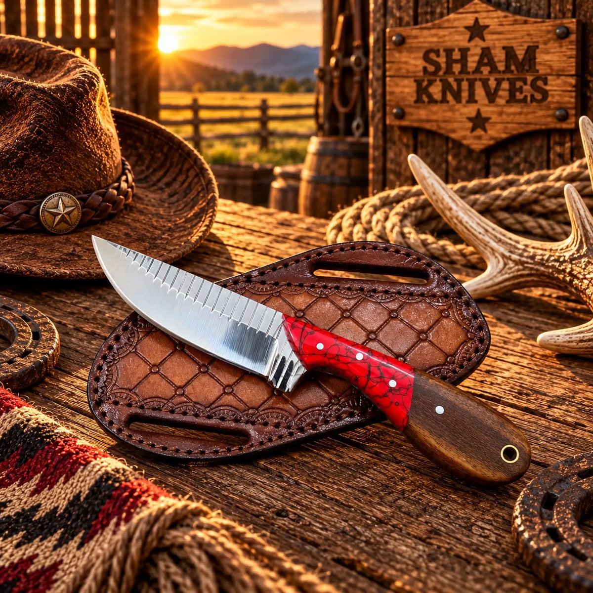 7.5” Frontier Rasp Steel Western Skinning Knife Wood & Red Turquoise Handle With Tooled Belt Leather Sheath
