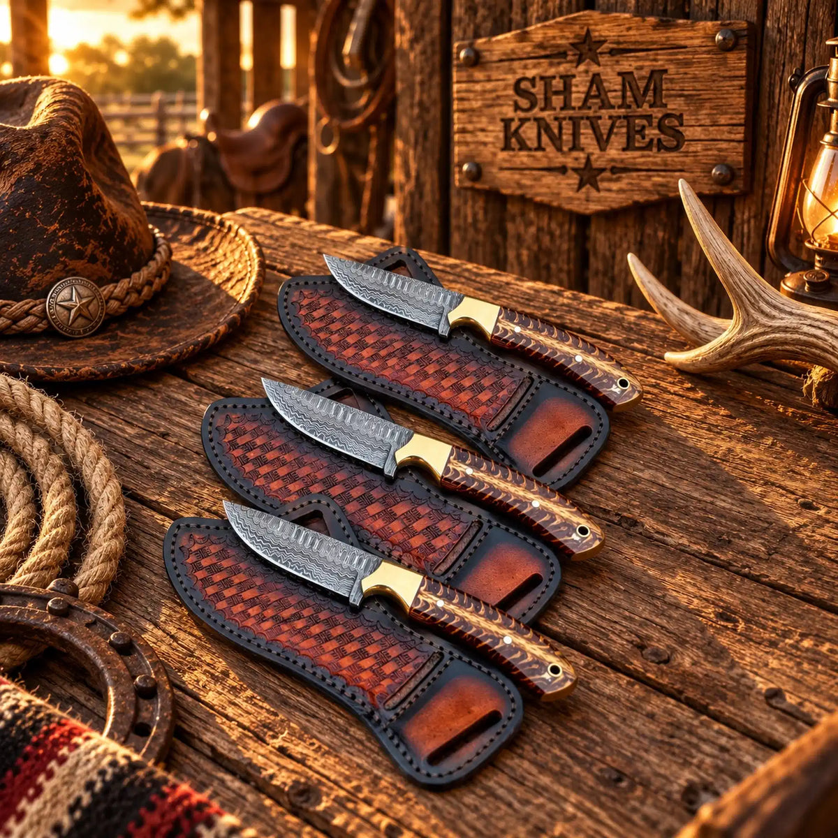 Frontier Trio Damascus Field Dressing Knives – Pine Cone Handles