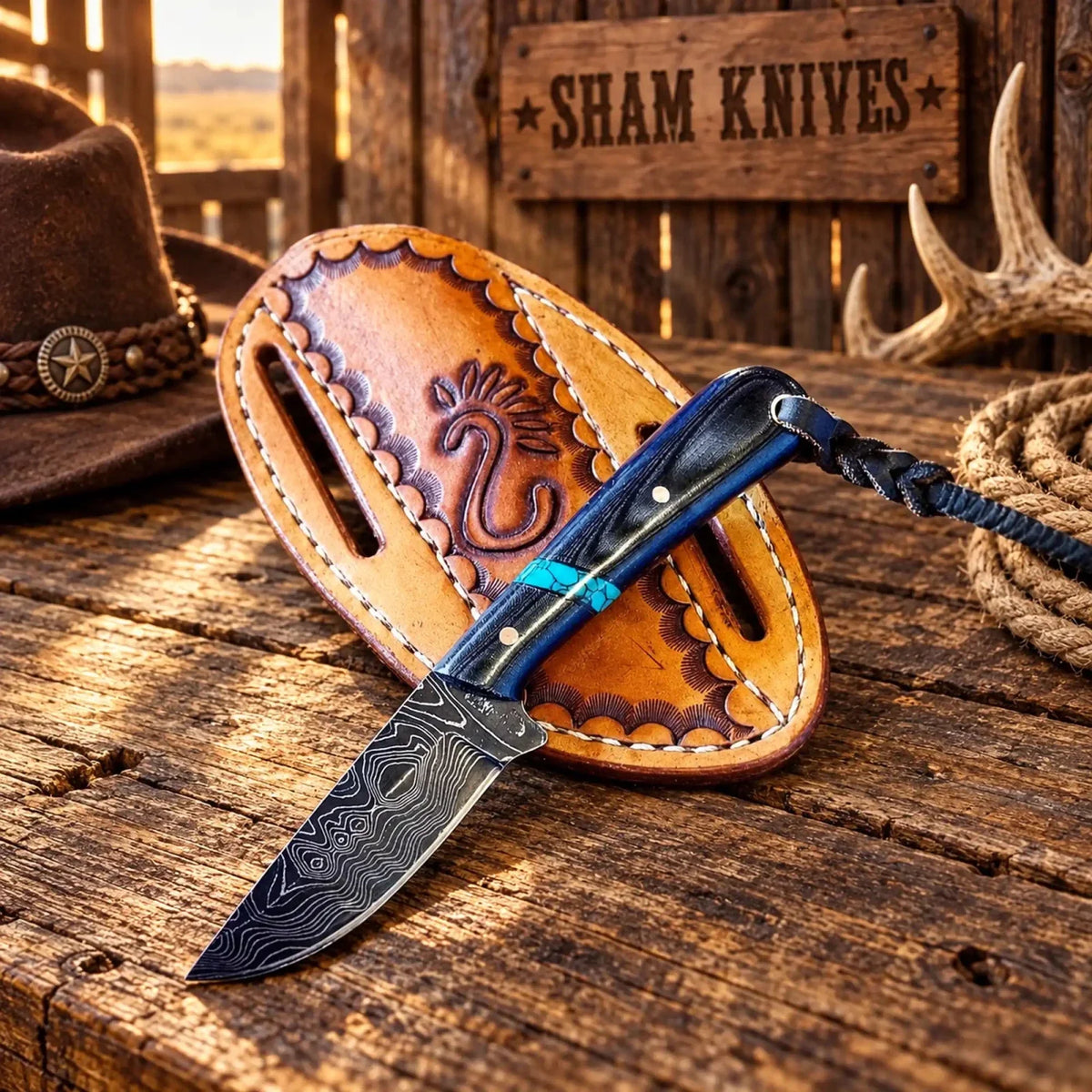 G10 & Turquoise Trail Cross Draw Hunting Knife - 4" Damascus Steel with Pancake Sheath