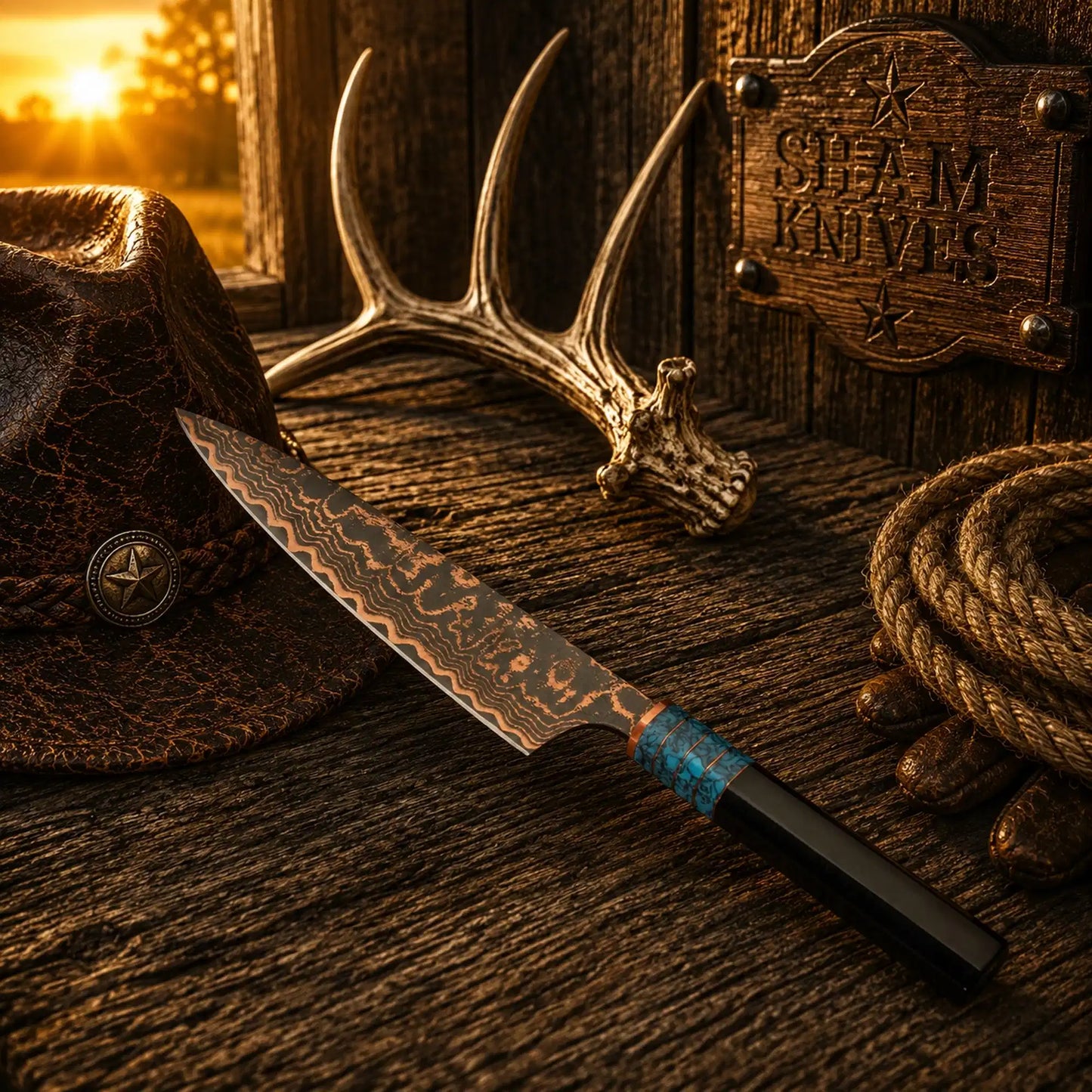 Turquoise Trail 13″ Copper Damascus Gyuto Chef Knife – Resin Handle