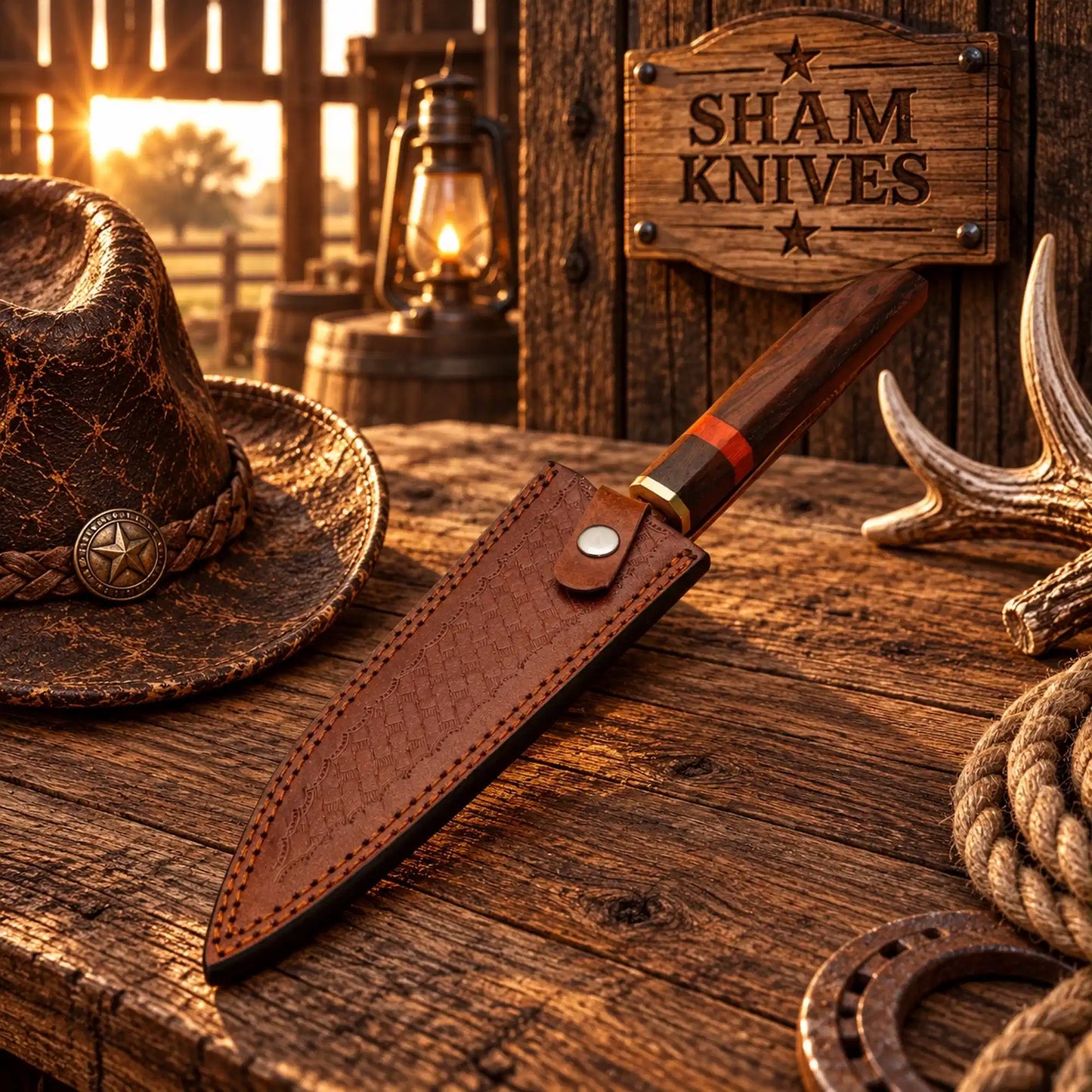 Premium Hand Forged Ladder Style Copper Damascus Chef Knife for Sale – Rosewood Handle