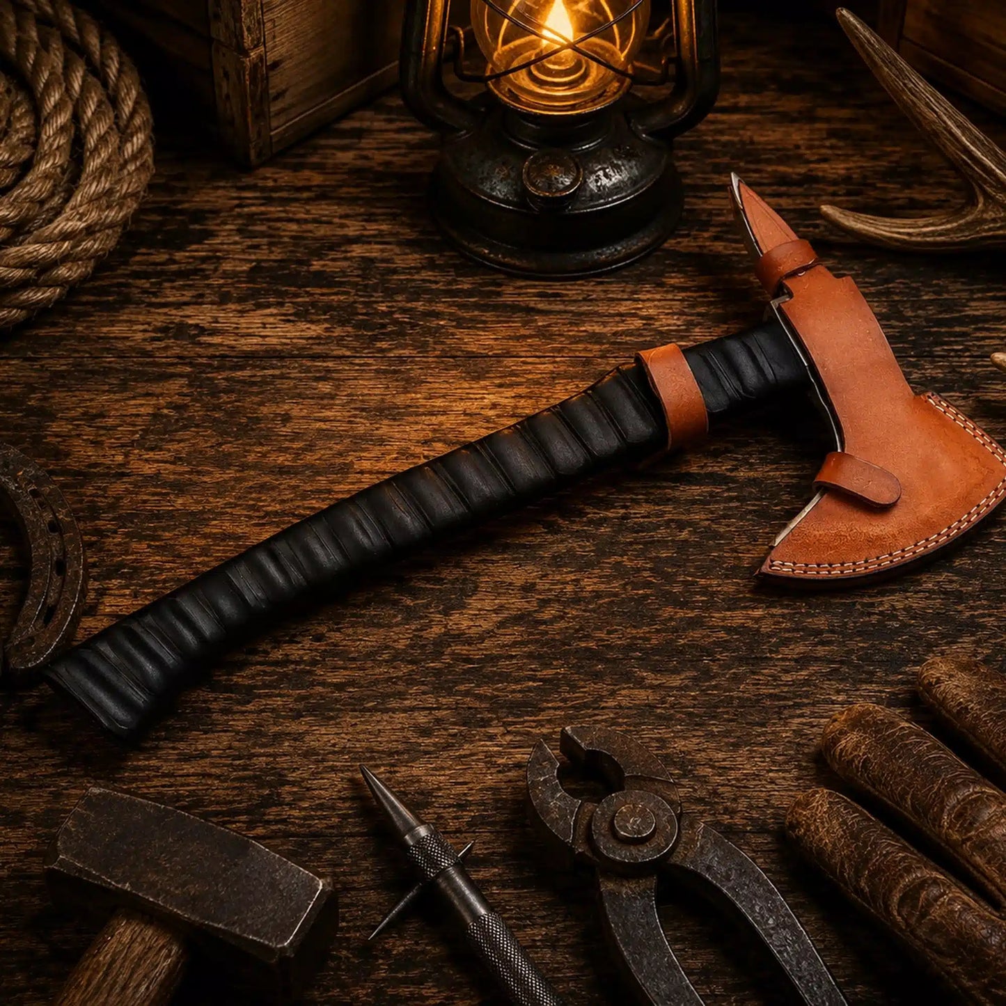 The Iron Talon 1075 Carbon Steel Spike Tomahawk – Jigged Hard Wood Handle with Leather Sheath