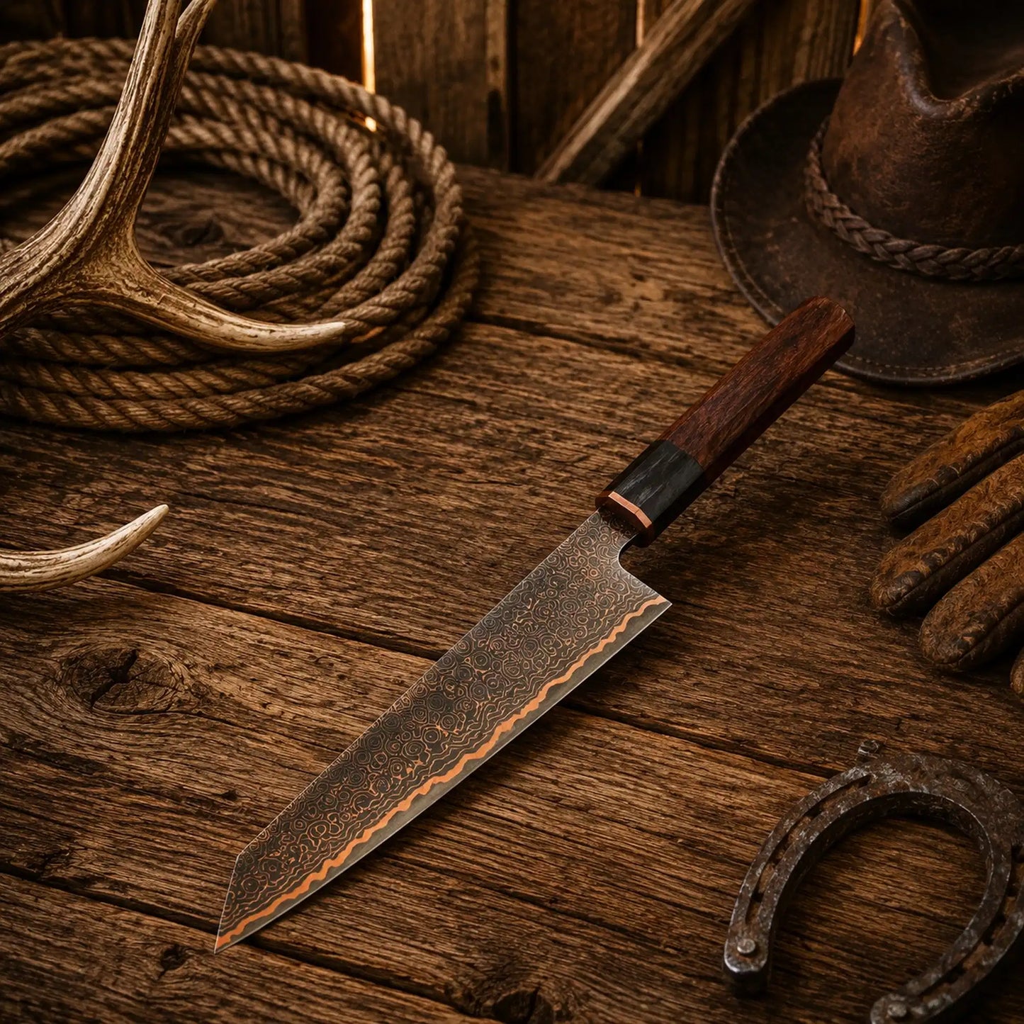 13.5″ Handmade Copper Damascus Gyuto Chef Knife – Rosewood Handle