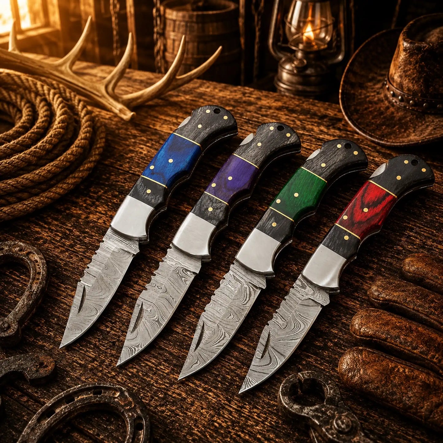 Handmade Cowboy Damascus Pocket Knife Collection – Pakka Wood Handles