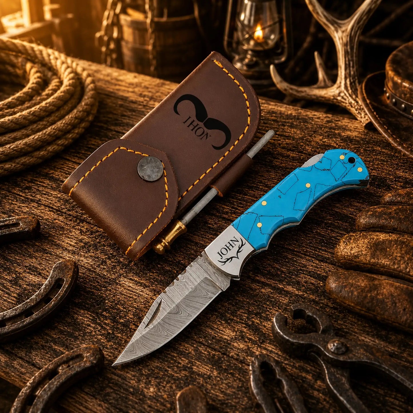 Handmade Cowboy Damascus Folding Pocket Knife – Turquoise Handle Back Lock EDC Knife