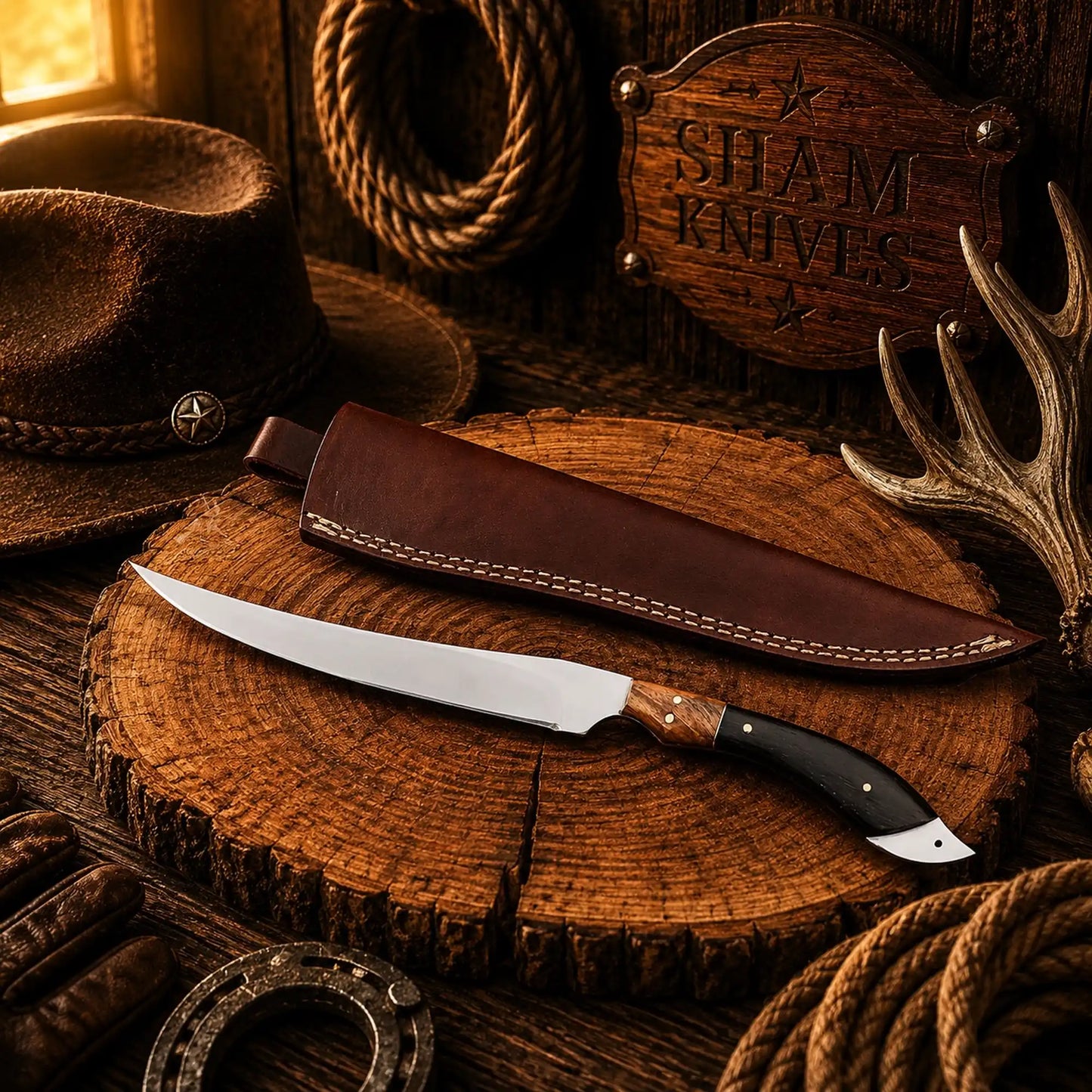 D2 Steel Fillet Knife – Buffalo Horn & Wood Handle with Leather Sheath