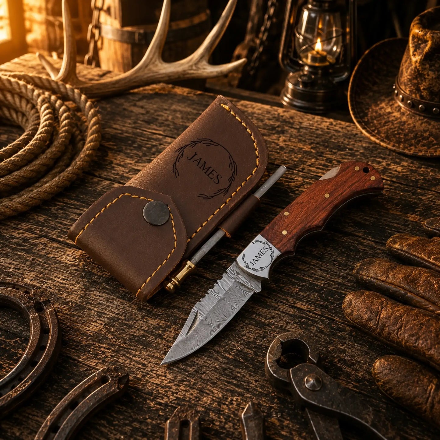 Damascus EDC Pocket Knife – Rose Wood Handle with Premium Leather Sheath
