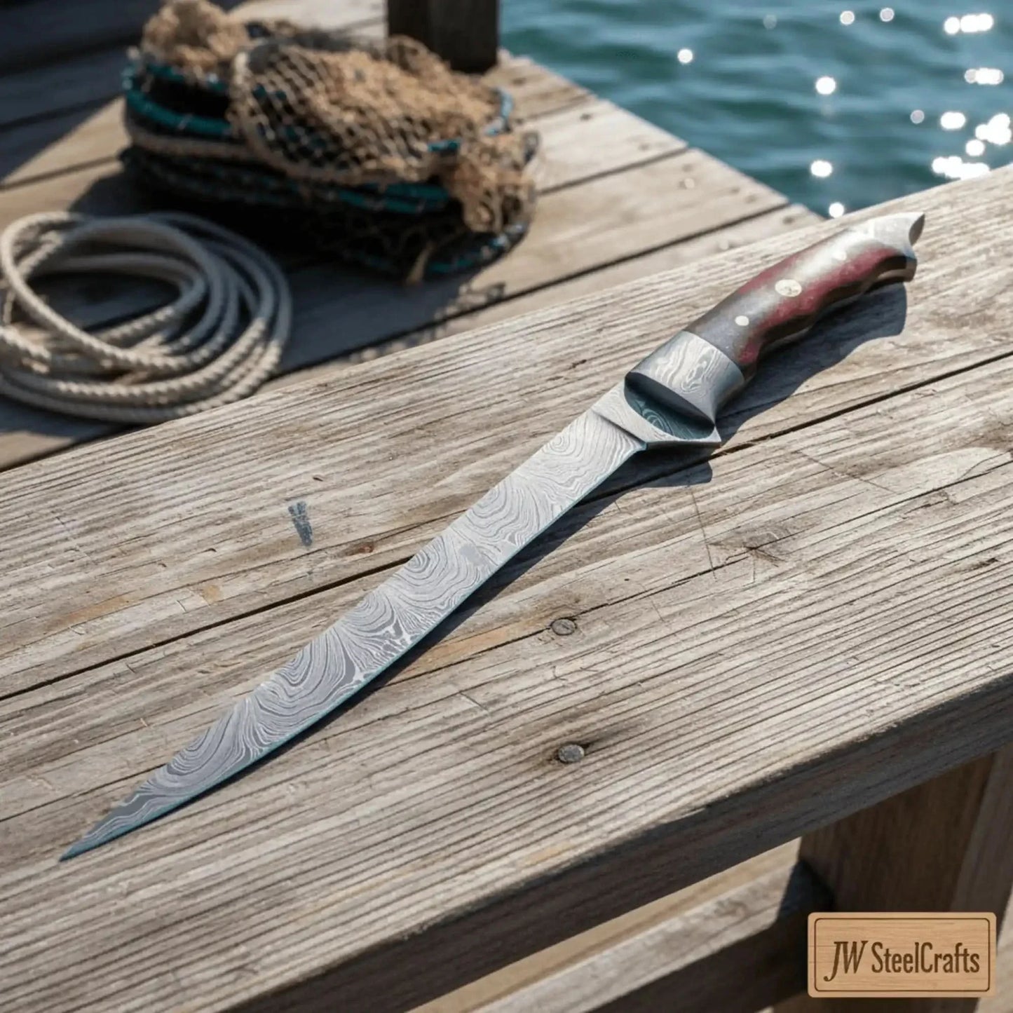 Handmade 13 Inch Overall Damascus Steel Fillet Knife – Full Tang Fishing Knife with Hardwood Handle and Leather Sheath.