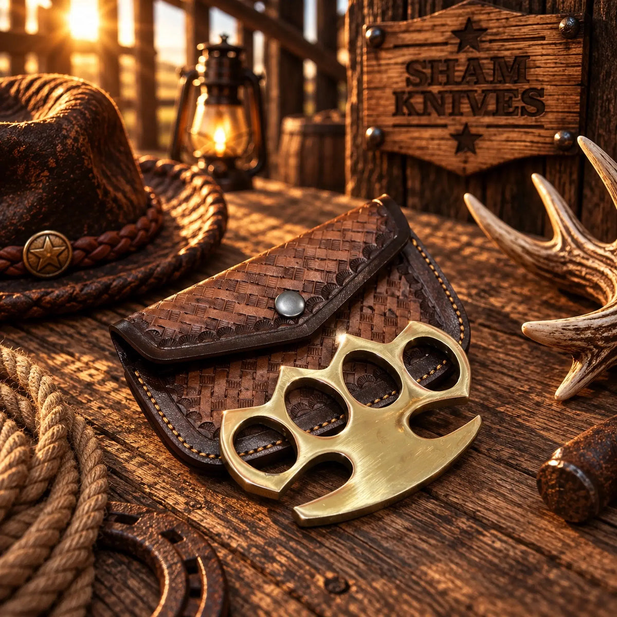 Golden Fist – Handmade Solid Brass Knuckle with Leather Sheath