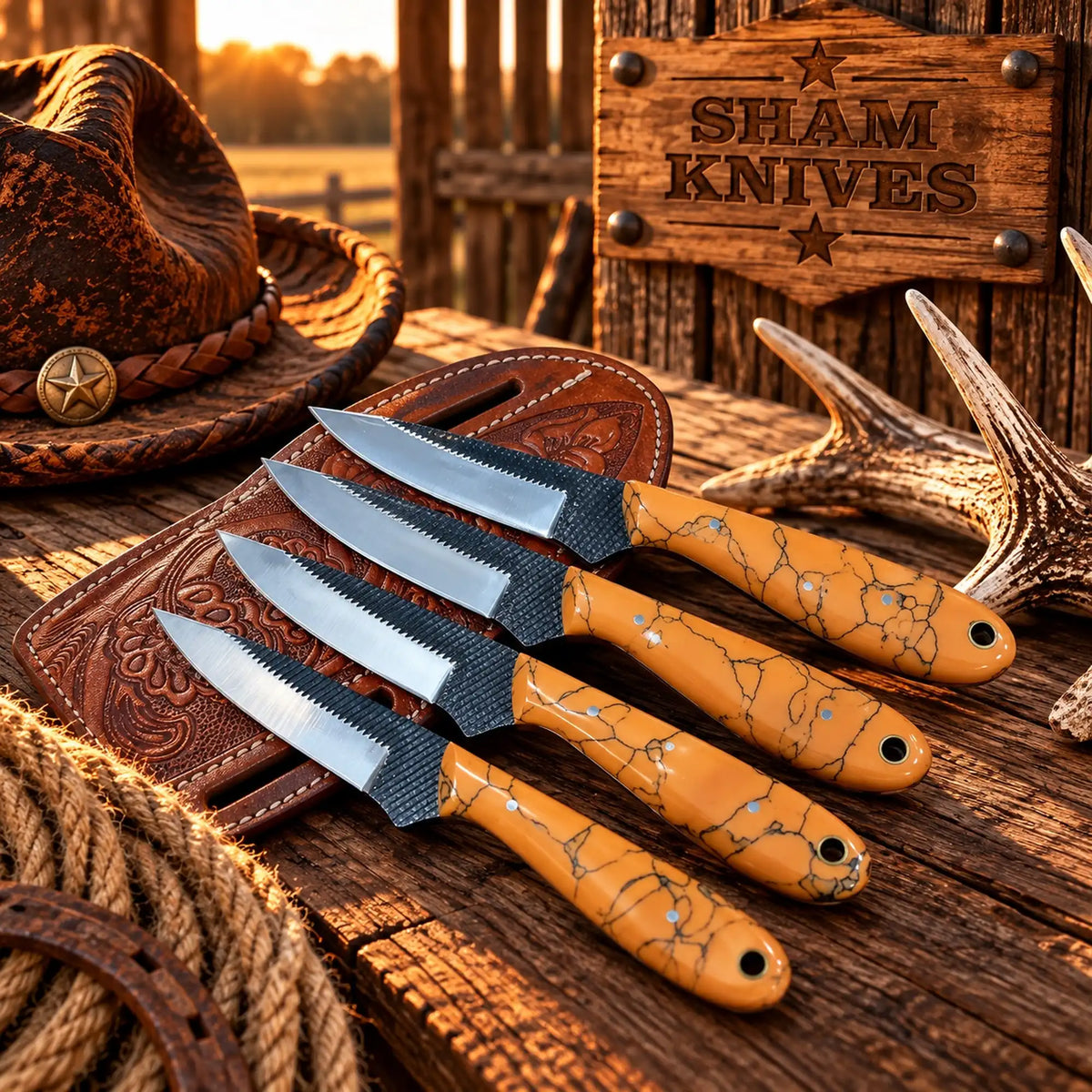 Hanging Horse Buckaroo Knife – 3.5” Ferrier Rasp Steel, orange stone Handle