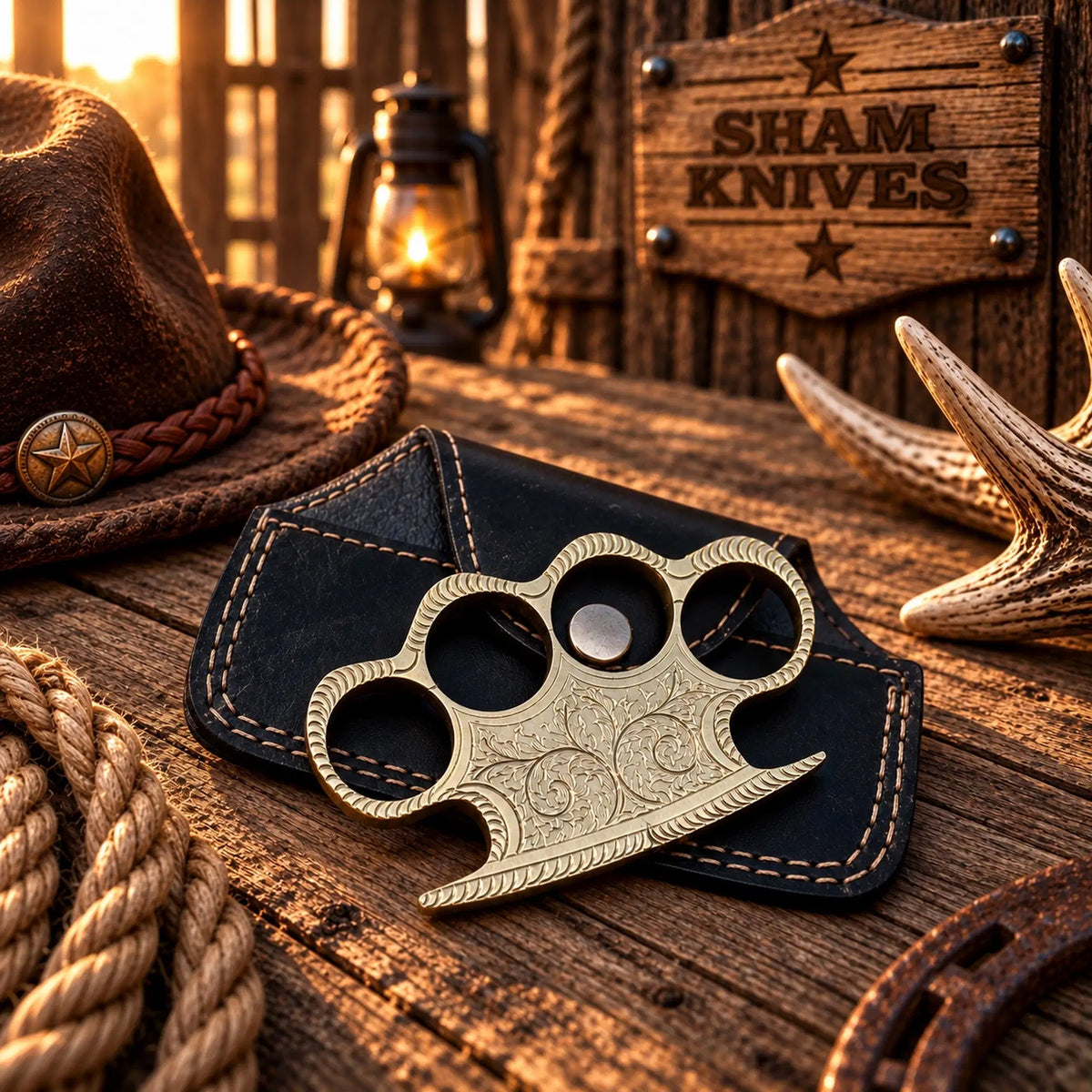 Iron Fist – Heavy Hand-Cast Engraved Brass Knuckle Display Piece with Leather Sheath