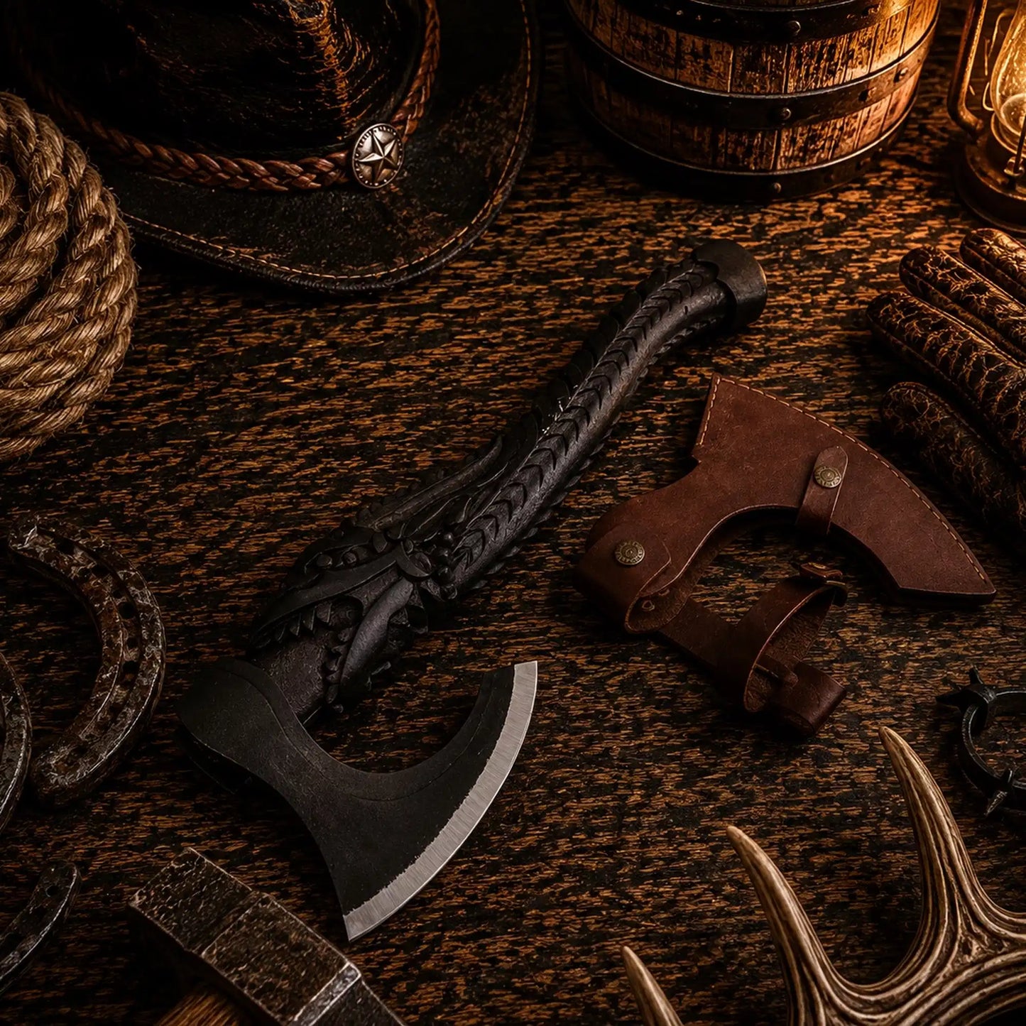 Hand Forged Viking Bearded Axe – Dragon Carved Ash Wood Handle